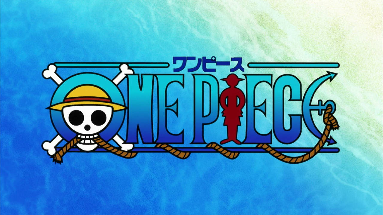 海賊王 桌布 壁紙 — One Piece 標誌以藍色水波背景為襯托，展示一個戴草帽的骷髏頭、骨頭和一個紅色人物。
