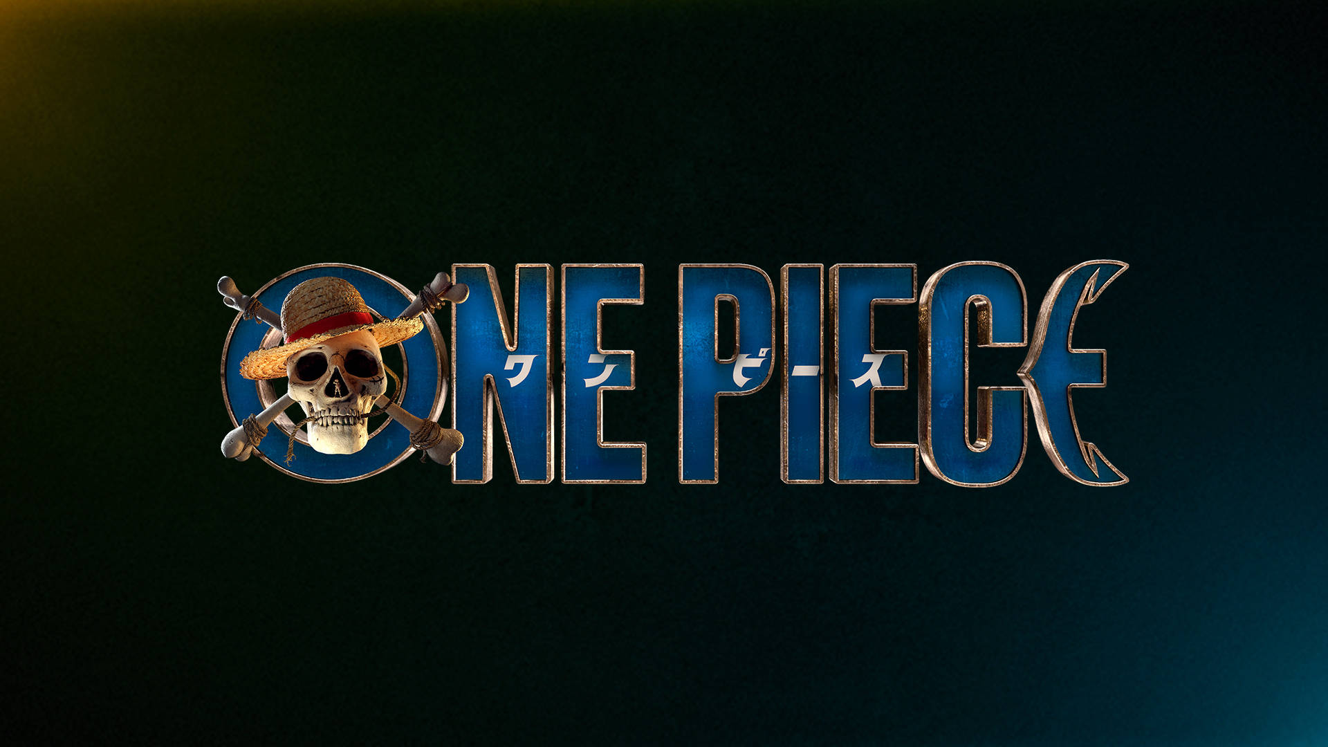 海賊王 4K 桌布 壁紙 — One Piece 標誌以金屬藍色發光，帶有草帽骷髏標誌，背景為深色漸變。