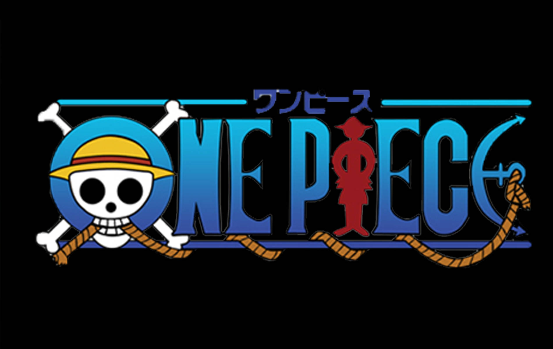 海賊王 桌布 壁紙 — One Piece 標誌以黑色背景上的紅色剪影、交叉骨頭和戴草帽的骷髏頭為特色。