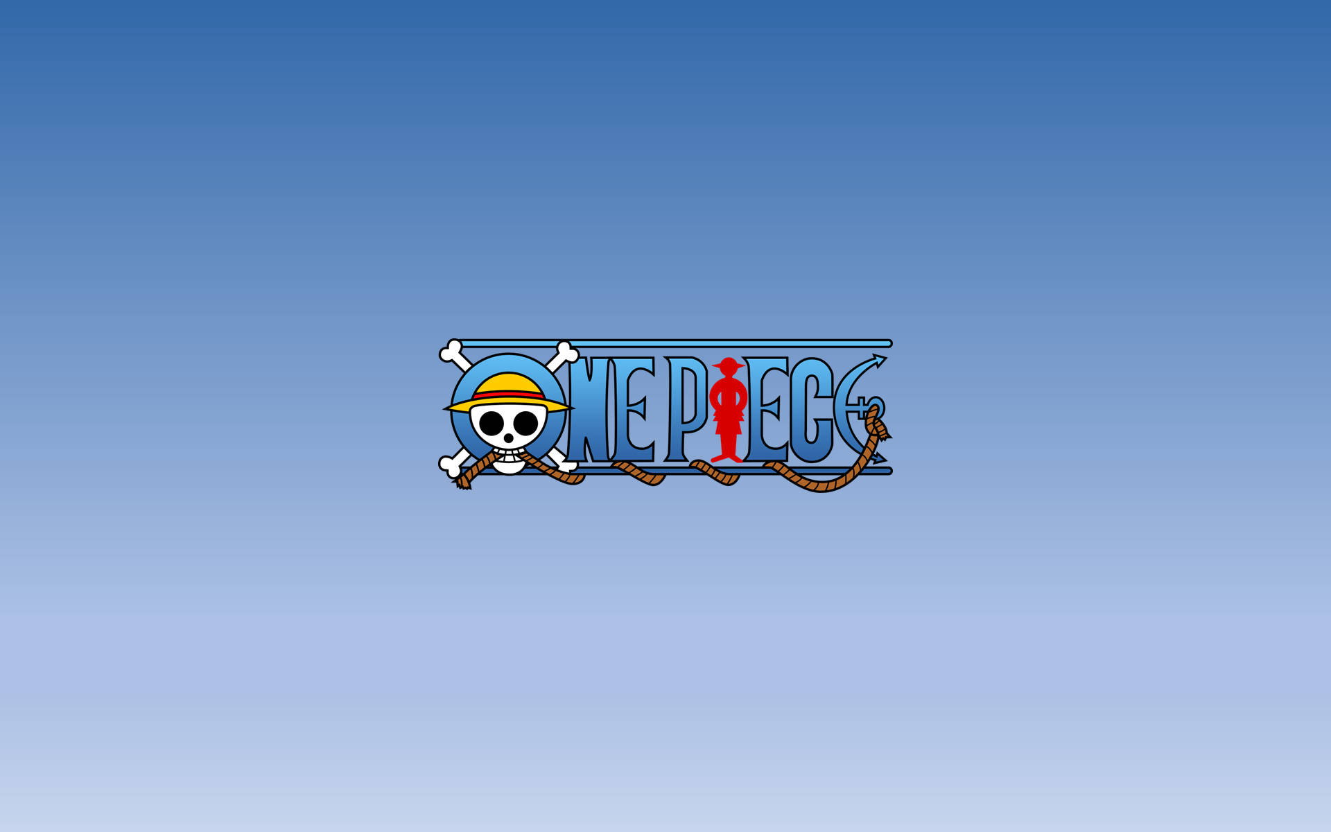 One Piece Logo 桌布 壁紙 — One Piece 標誌居中在漸變藍色背景上，帶有骷髏頭和交叉骨頭標誌。