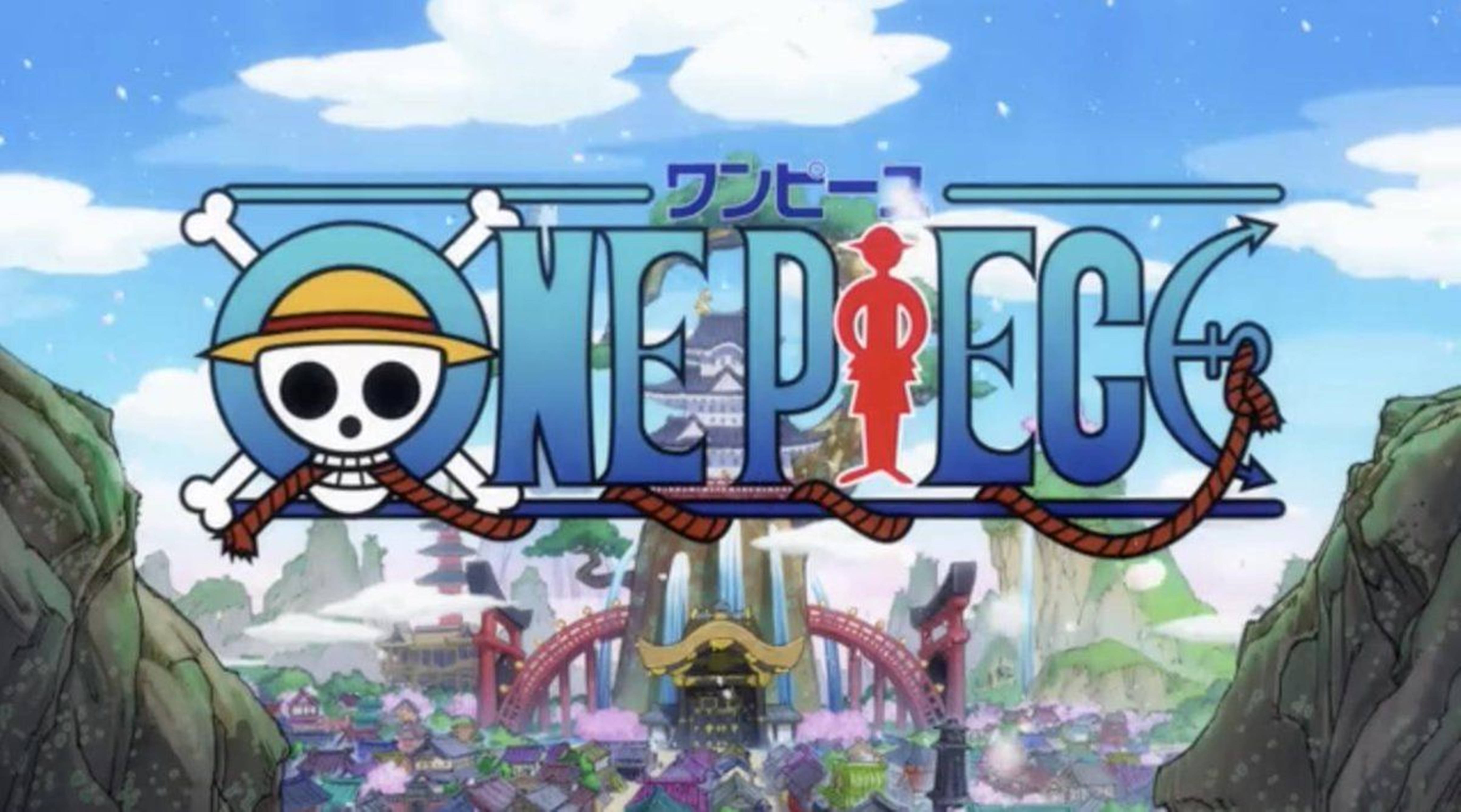 海賊王 桌布 壁紙 — One Piece 標誌漂浮在一個充滿活力的動漫城市上方，該城市坐落在岩石懸崖之間，上方是明亮的藍天。
