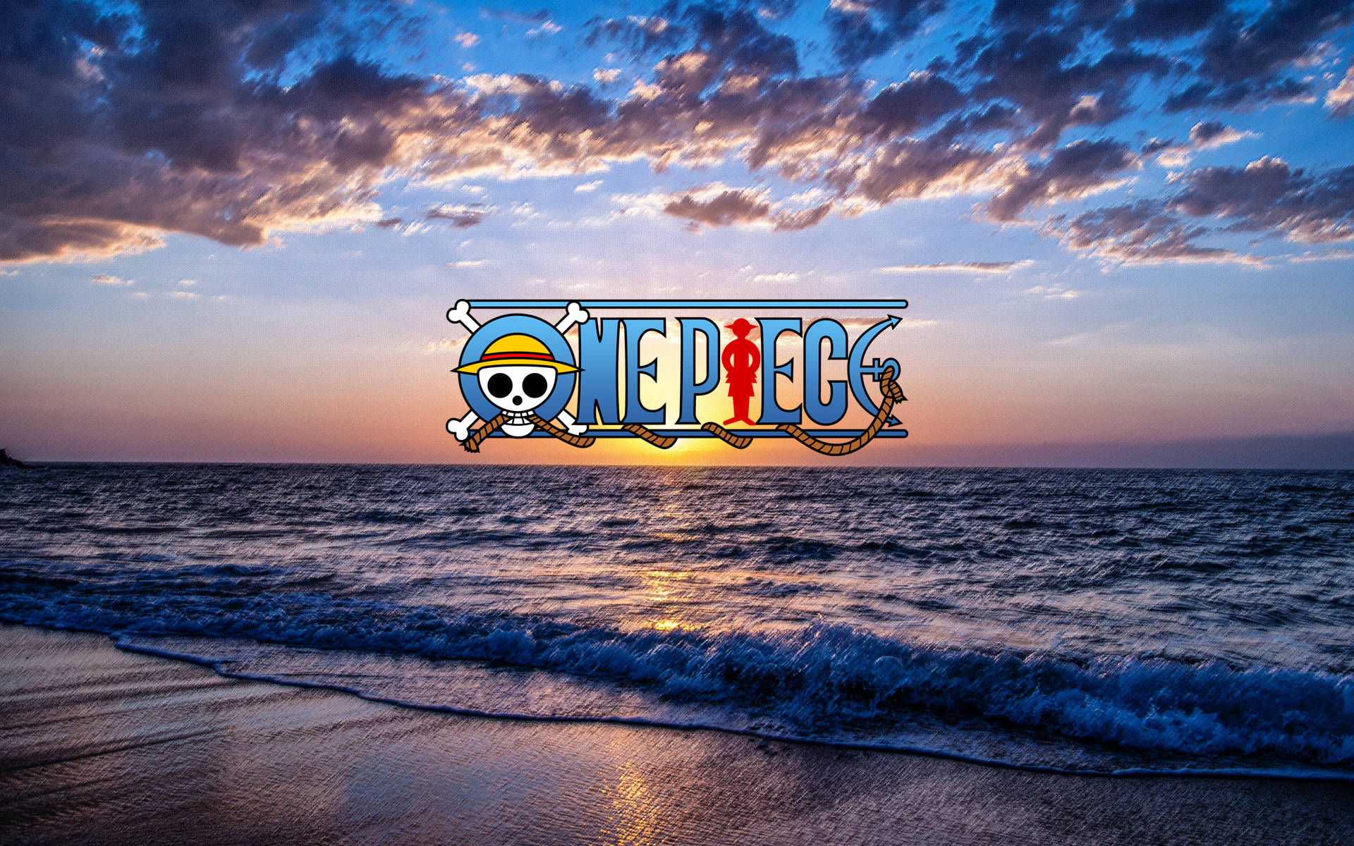 航海王標誌 桌布 壁紙 — One Piece 標誌漂浮在日落海灘上，海浪在紫色和橙色雲層下拍打海岸。