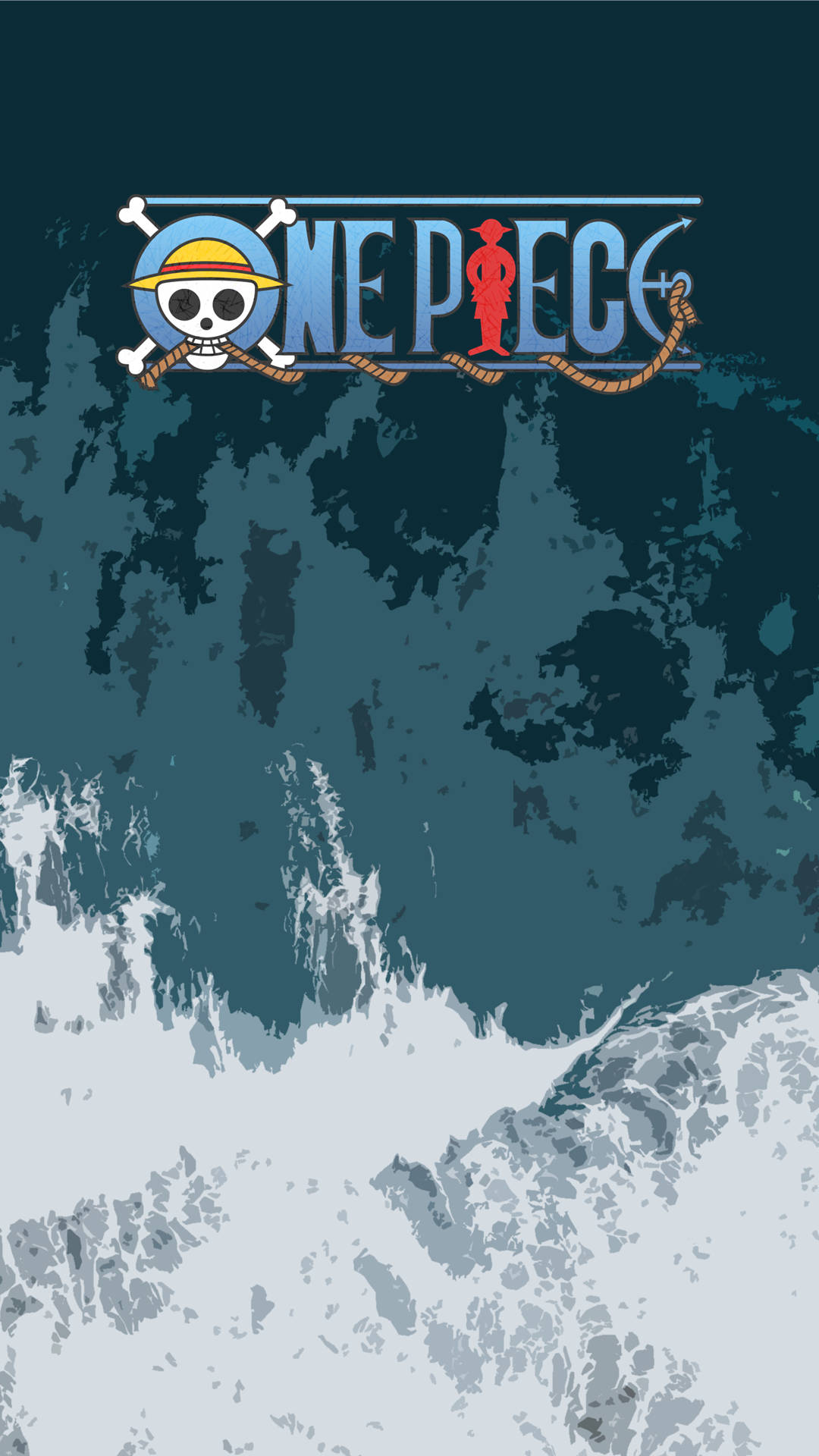 航海王標誌 桌布 壁紙 — One Piece 標誌漂浮在風格化的動漫桌布中，在洶湧的海浪之上。