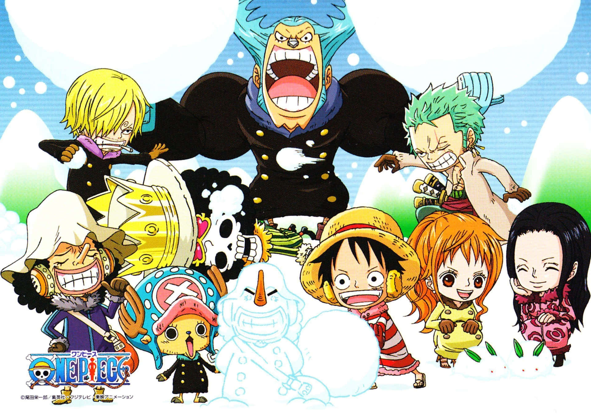 One Piece Q 版角色在雪地裡玩雪人 — Q版動圖 壁紙