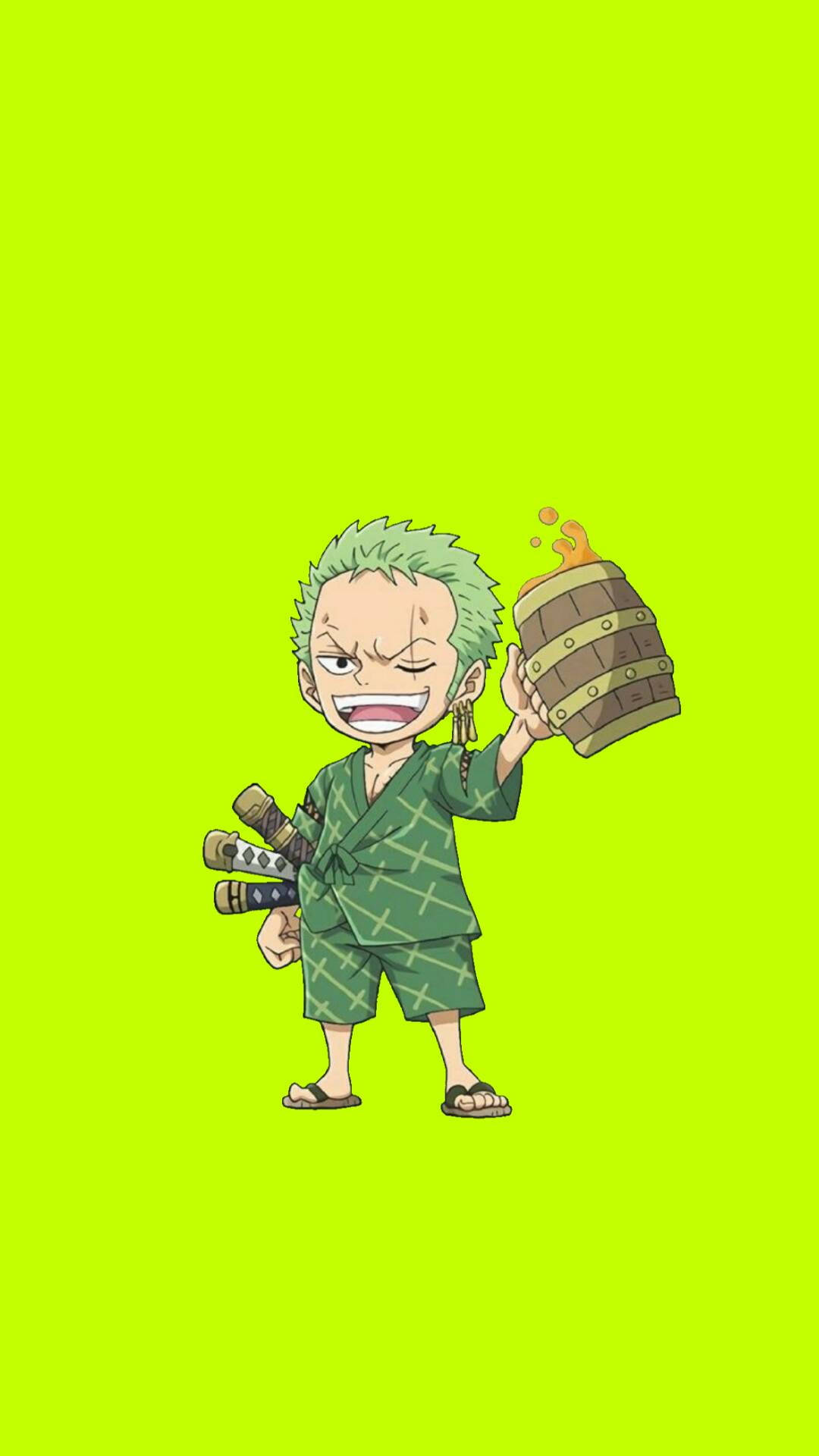 Q版動漫 桌布 壁紙 — 《One Piece》的Chibi Zoro在鮮亮青檸綠色背景前，兇狠地笑著，同時拿著一個燃燒的木桶和三把劍。