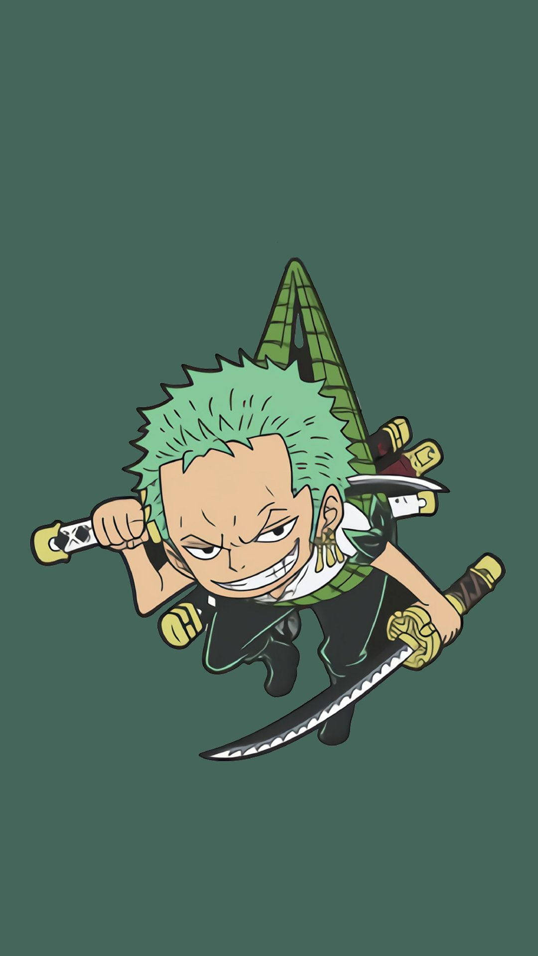 Roronoa 桌布 壁紙 — 《ONE PIECE》的Q版索隆向前跳，三把刀出鞘，背景是純深綠色。