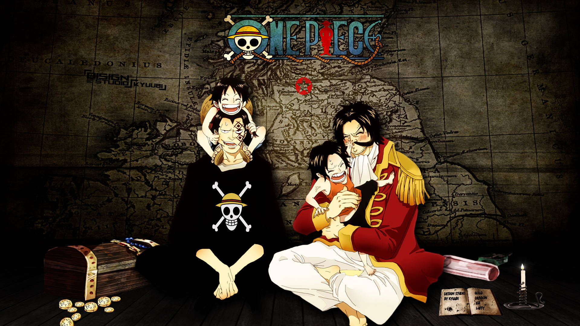 海賊王 桌布 壁紙 — One Piece 的動漫角色一起坐在木地板上，面前是帶有金幣和寶箱的藏寶圖。