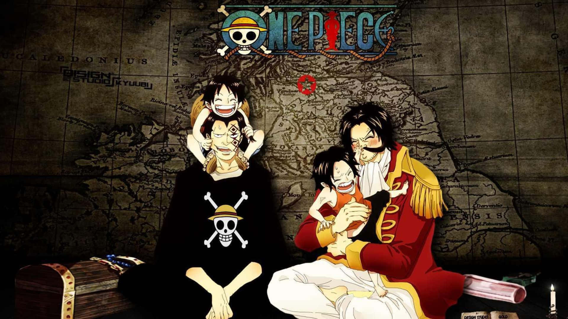 Gol D Roger 桌布 壁紙 — 《One Piece》的動畫角色在復古藏寶圖背景前歡笑，一個發光的紅色X標記著地點。