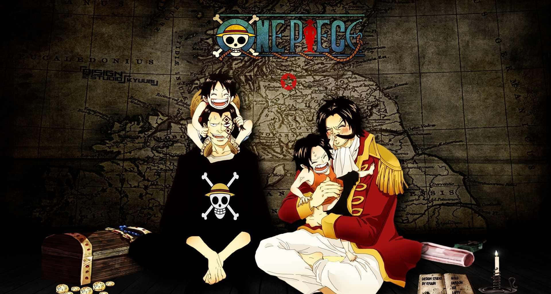 King Of The Pirates 桌布 壁紙 — One Piece 的動畫角色坐在一張舊寶藏地圖前，房間昏暗，有一個寶箱和蠟燭。