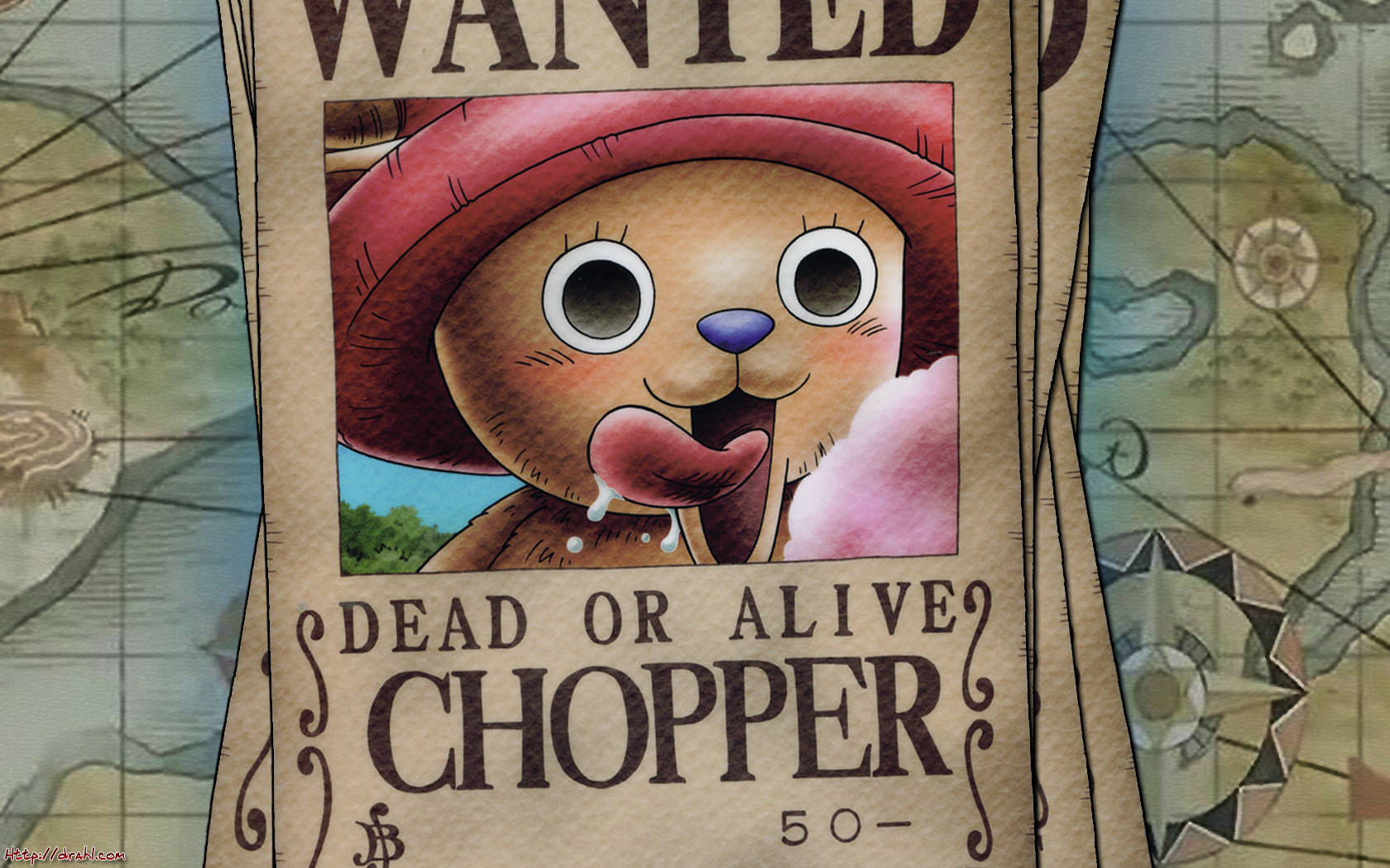 Chopper 桌布 壁紙 — One Piece 的喬巴懸賞海報顯示他可愛的狐狸臉龐，吐舌頭在地圖背景前。