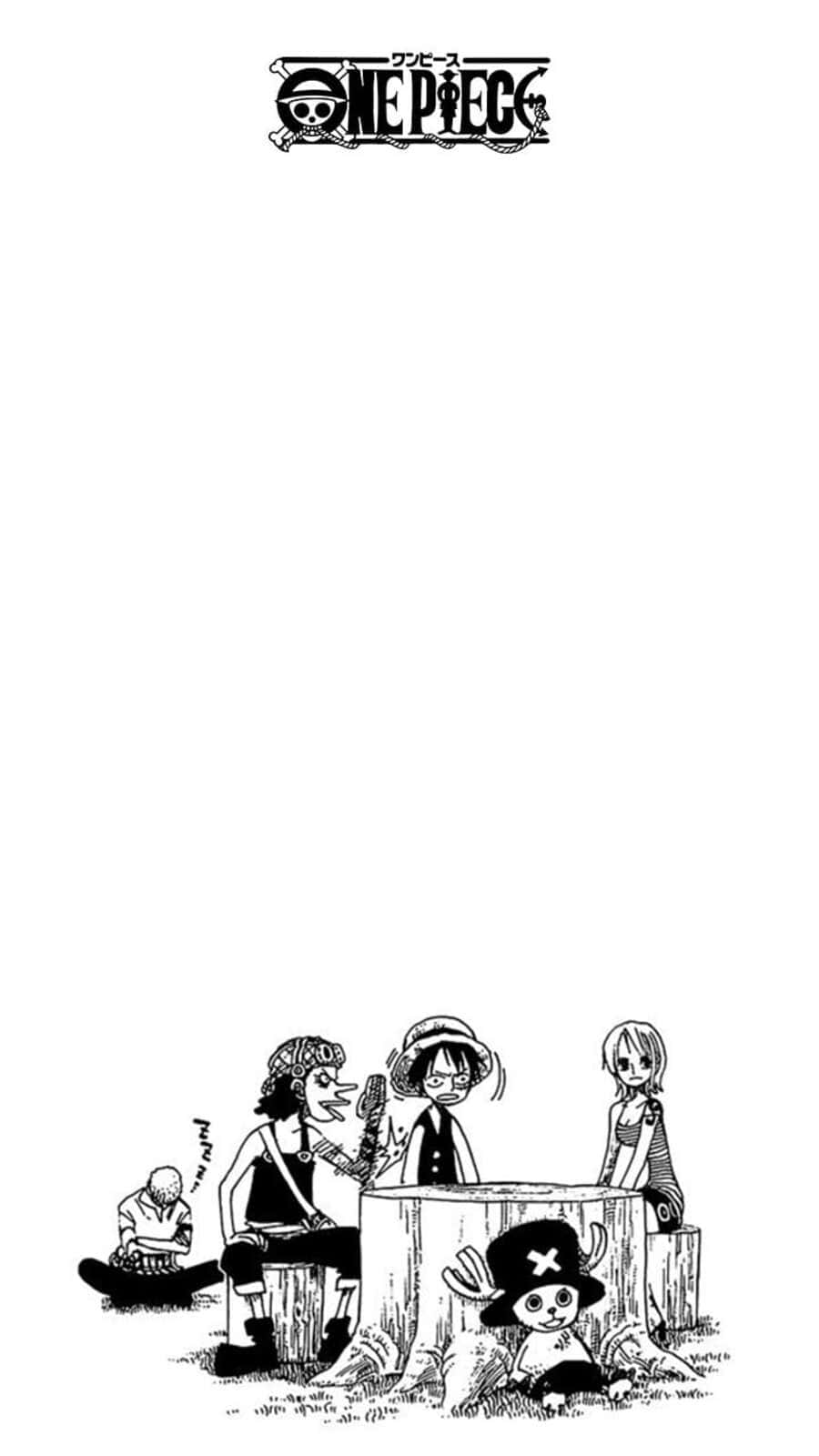 One Piece Manga 桌布 壁紙 — One Piece 的黑白漫畫面板，顯示魯夫、索隆、娜美和喬巴聚集在樹樁周圍。