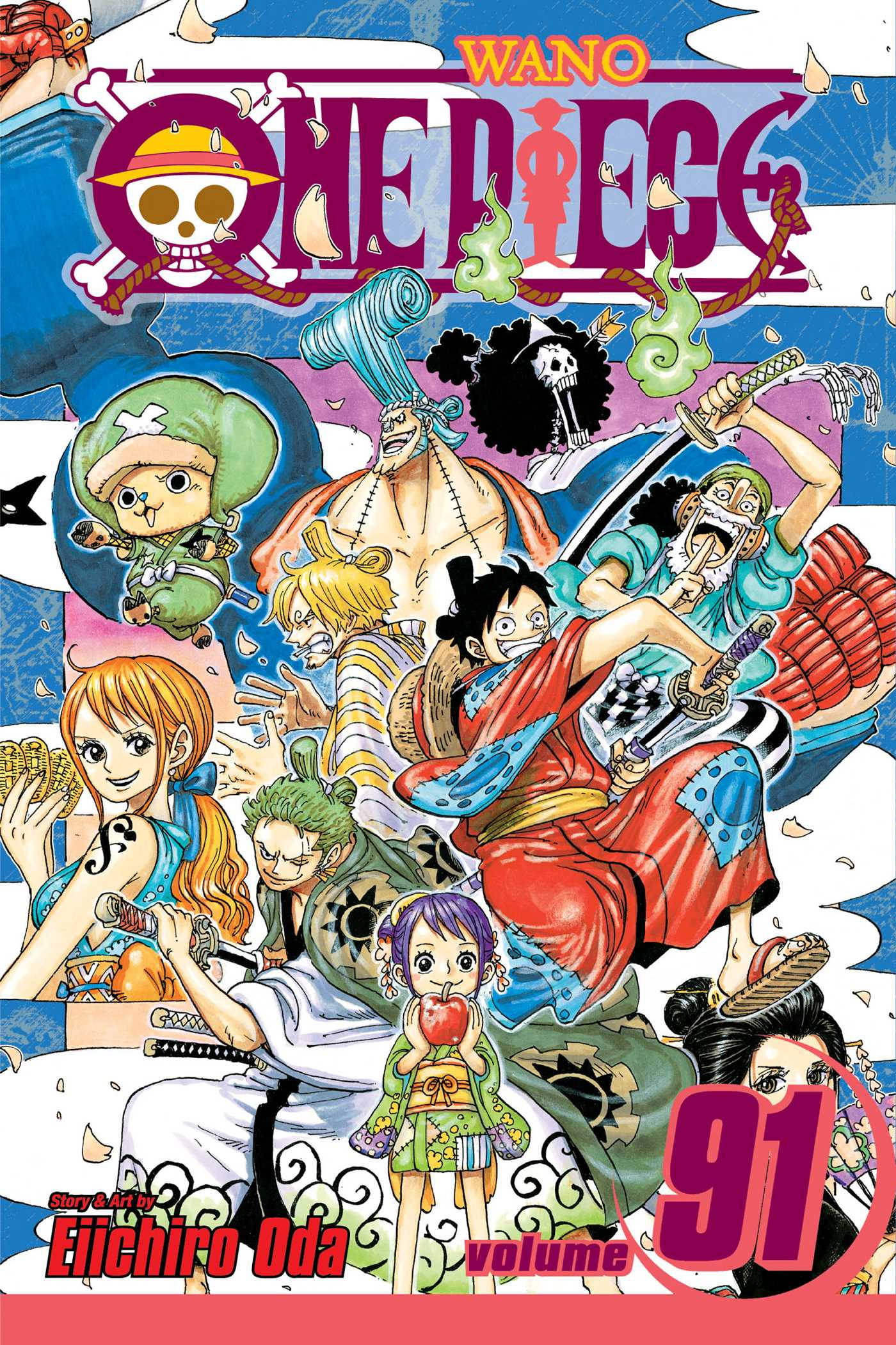 海賊王 4K 桌布 壁紙 — 《One Piece》第91卷充滿活力的漫畫封面，魯夫和船員們在色彩繽紛的和之國背景下擺出動態的動作姿勢。
