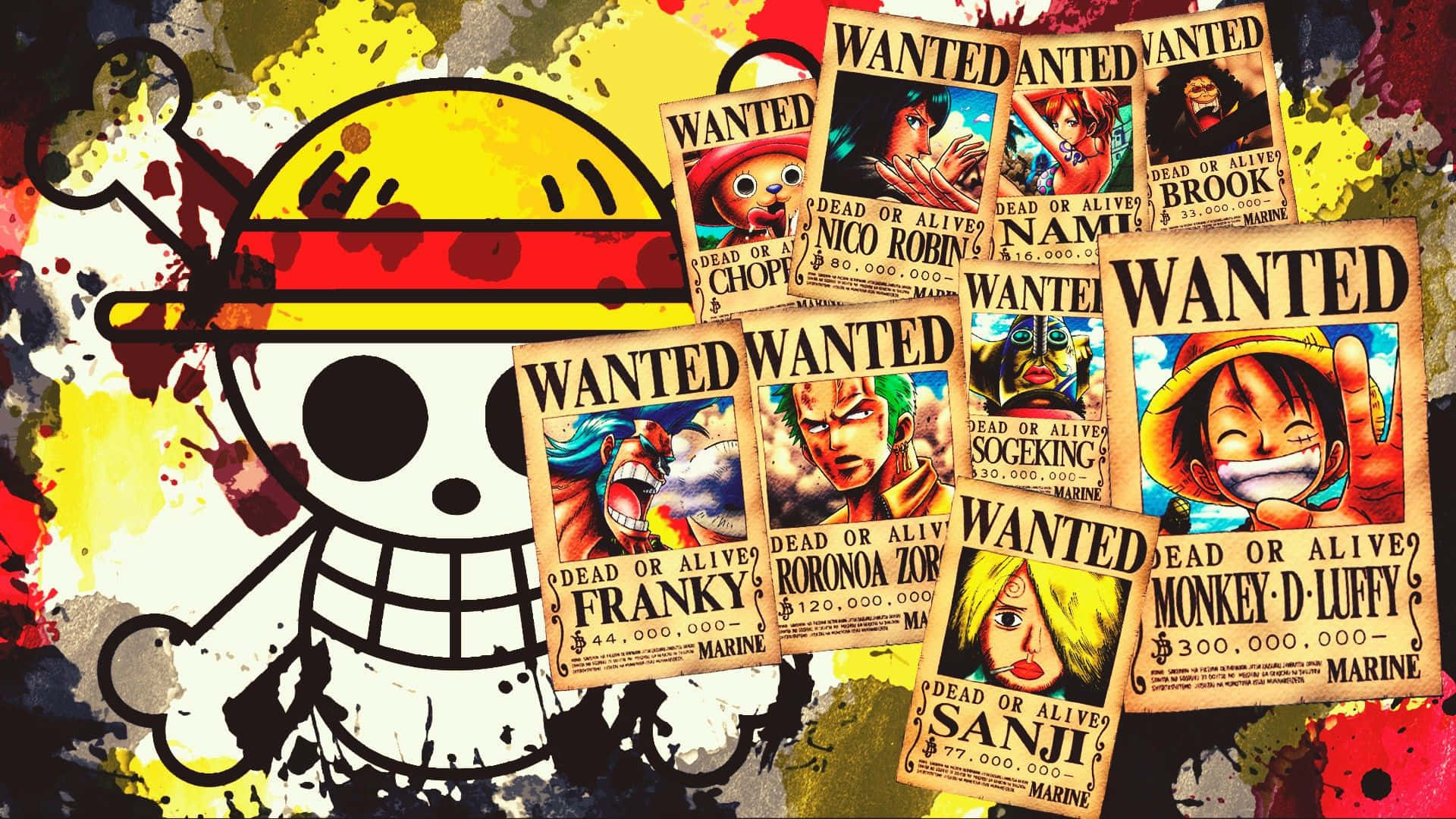 wanted 桌布 壁紙 — One Piece 船員們充滿活力的動畫風格通緝海報在濺滿黃色、紅色和黑色的背景上爆發。
