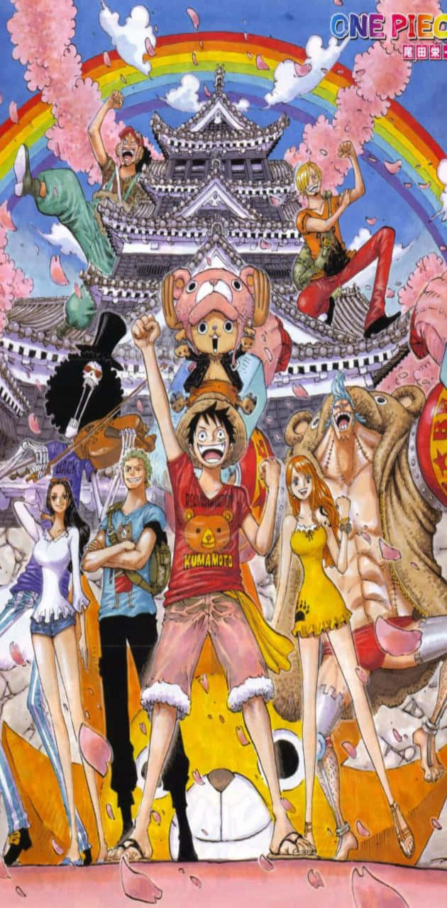 Whole Cake Island 桌布 壁紙 — One Piece 船員在傳統日本城堡頂上的彩虹和櫻花下歡樂慶祝。