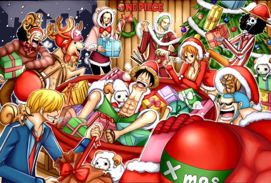 樹木 桌布 壁紙 — One Piece 船員在舒適的木屋中，穿著聖誕老人服裝，在雪地和禮物中慶祝聖誕節。