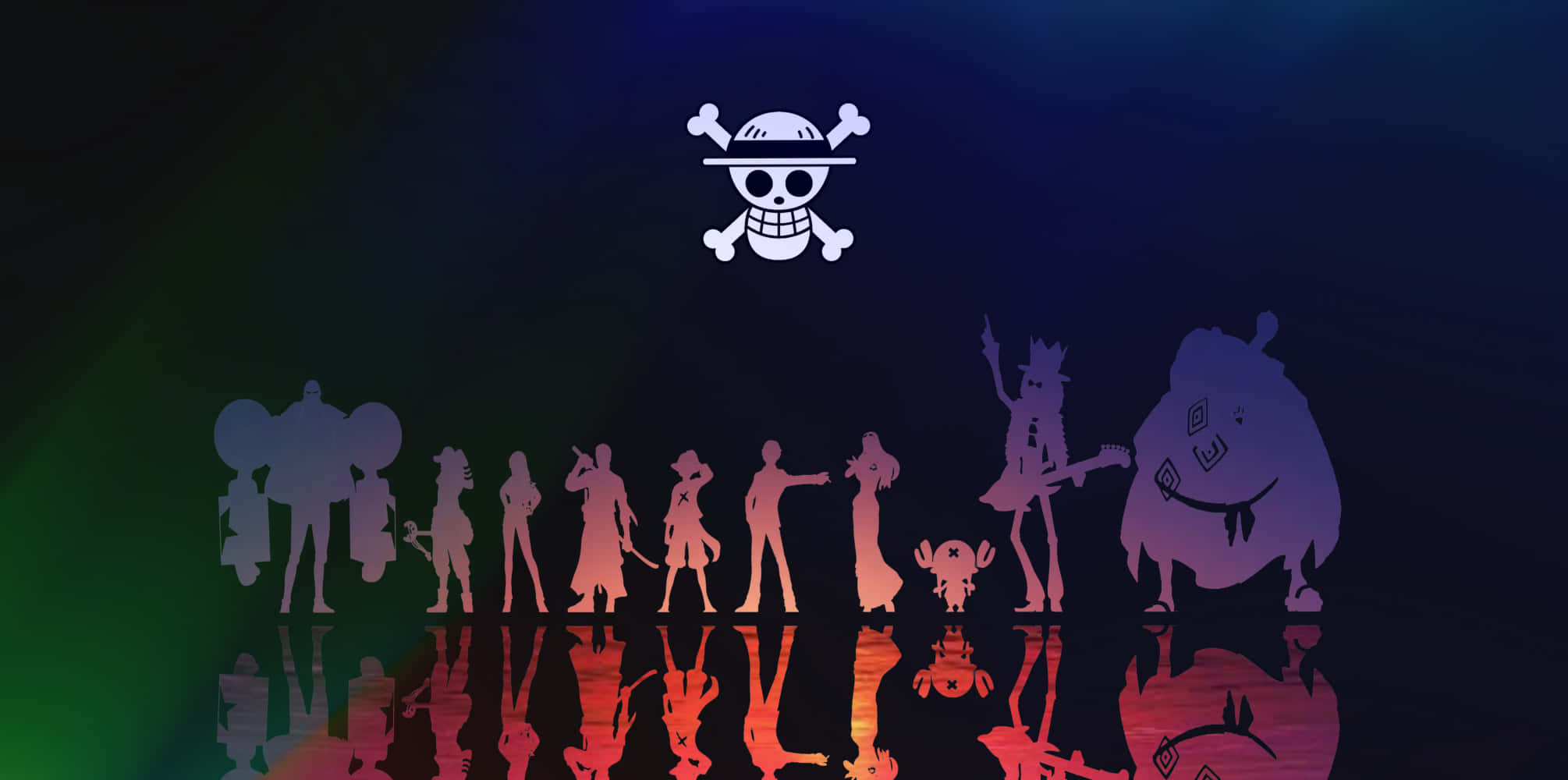one piece art 桌布 壁紙 — One Piece 船員的剪影在發光的 Jolly Roger 下排成一排，背景為帶有反射的漸變深色背景。