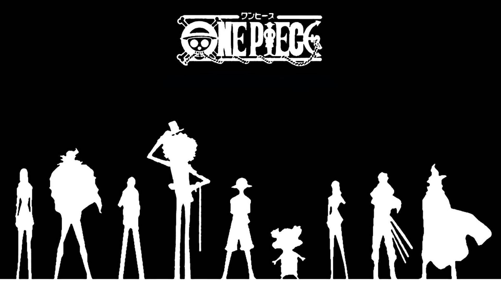 黑色動畫gif 桌布 壁紙 — One Piece 船員的白色剪影在黑色背景上排成一排，位於節目標誌下方。