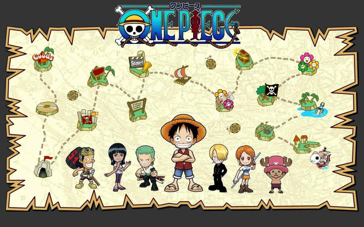 海賊王 桌布 壁紙 — One Piece 船員站在一張點綴著島嶼、黃金和海盜符號的藏寶圖前。