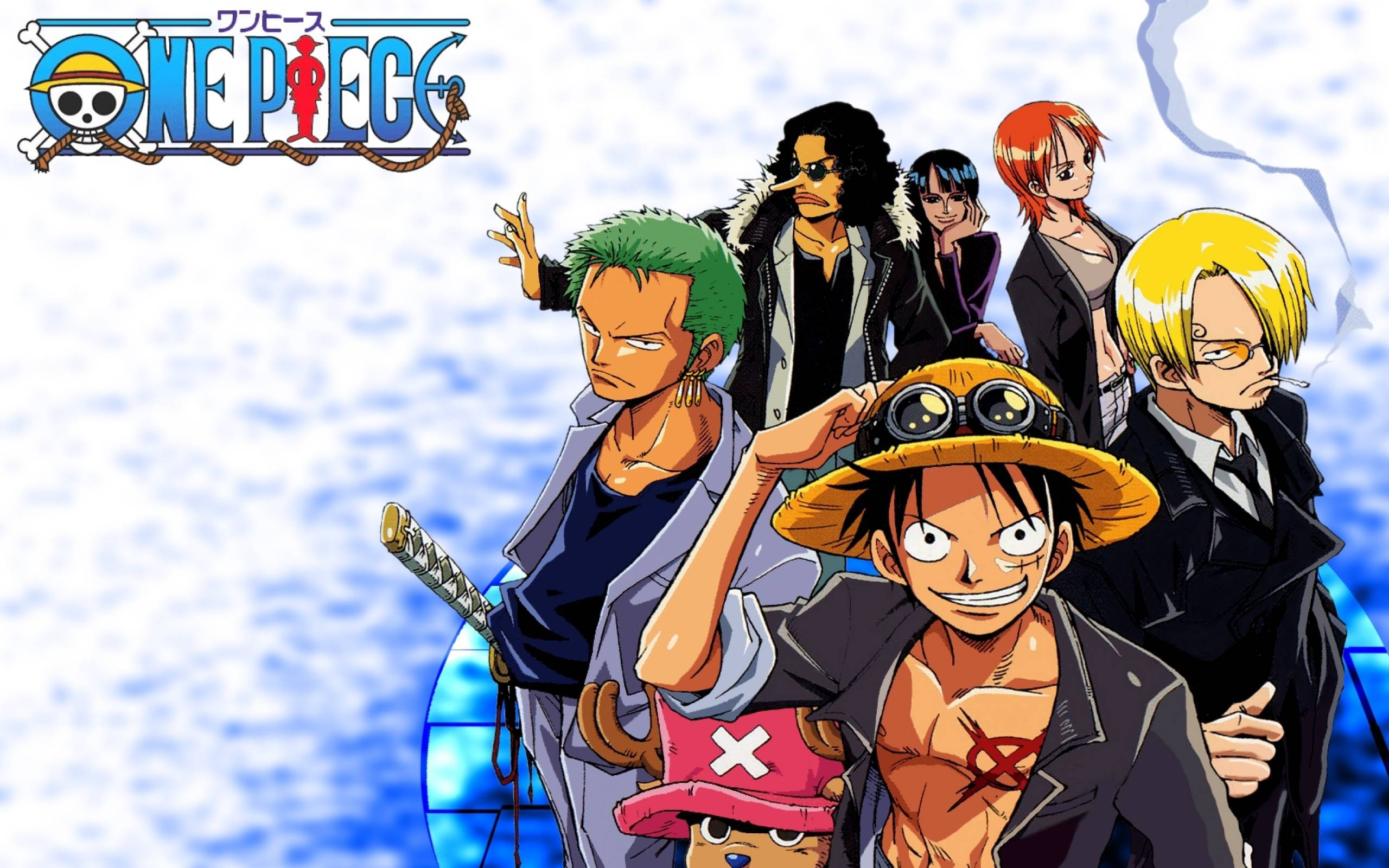 海賊王 4K 桌布 壁紙 — One Piece 船員自信地站在藍色水背景前，上方有節目標誌。