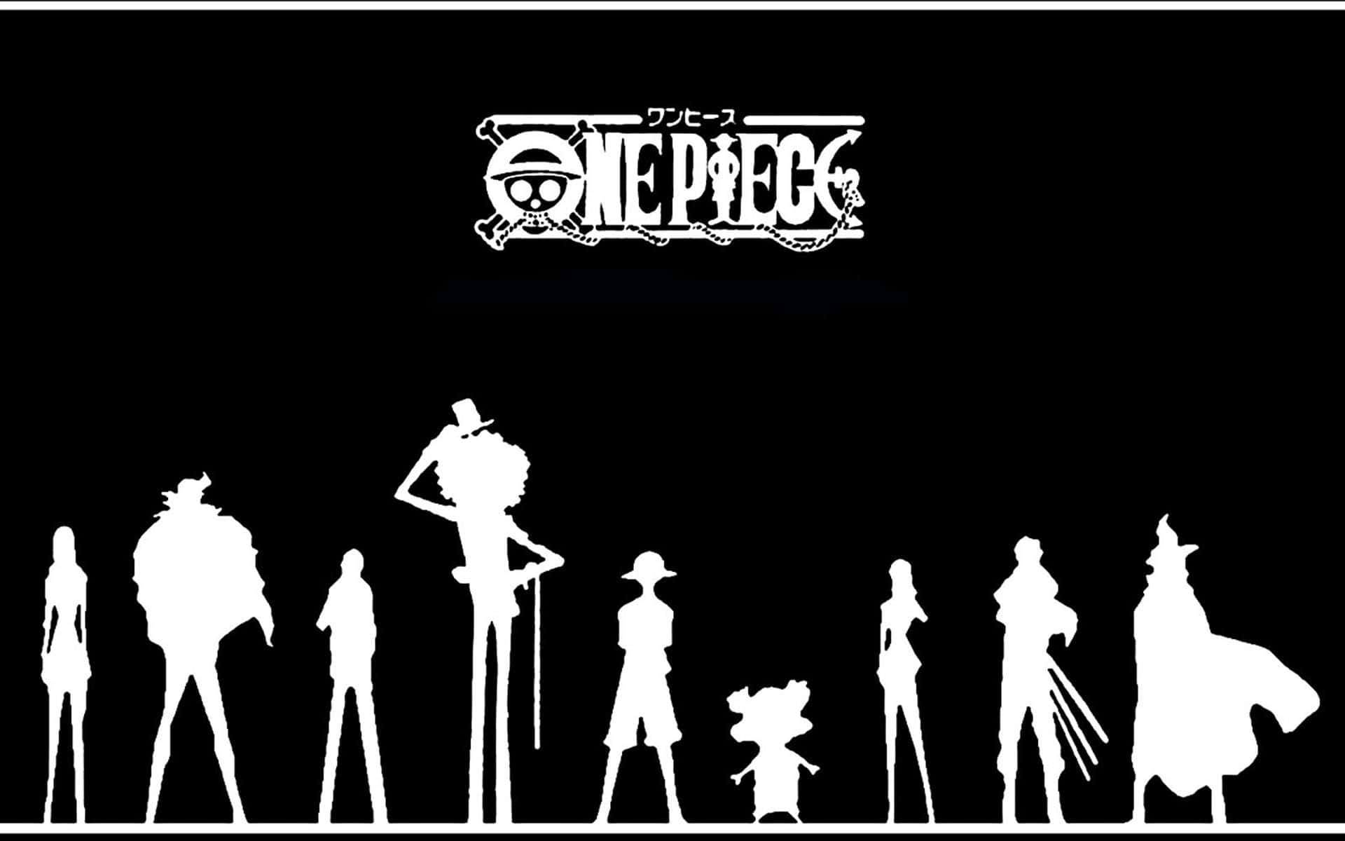桌布 壁紙 — One Piece 角色的白色剪影在節目標誌下方黑色背景上一字排開。
