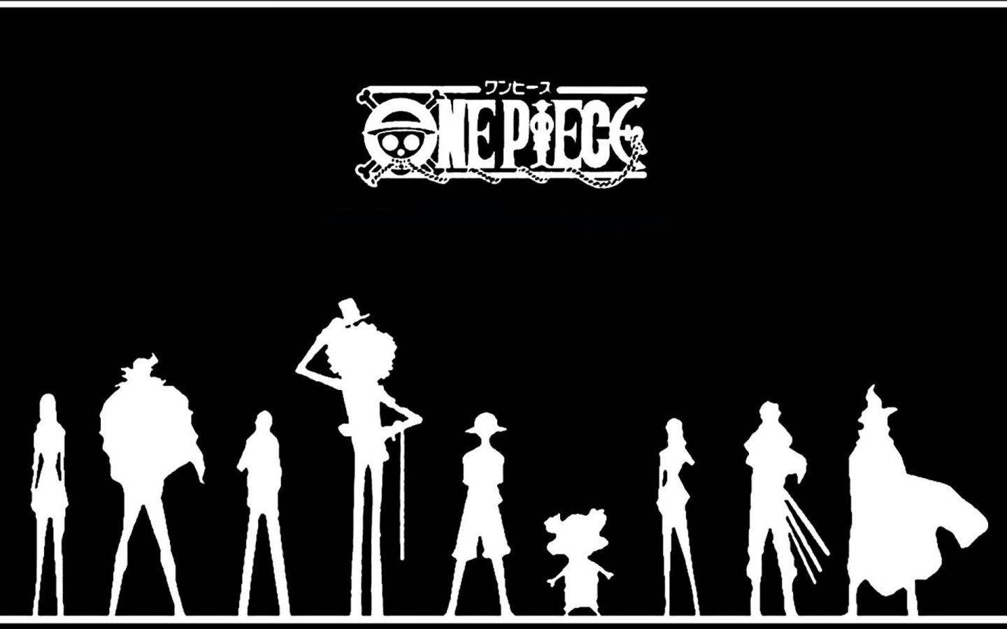 One Piece Logo 桌布 壁紙 — One Piece 角色的白色剪影在標誌性標誌下一字排開，襯托著純黑色背景。
