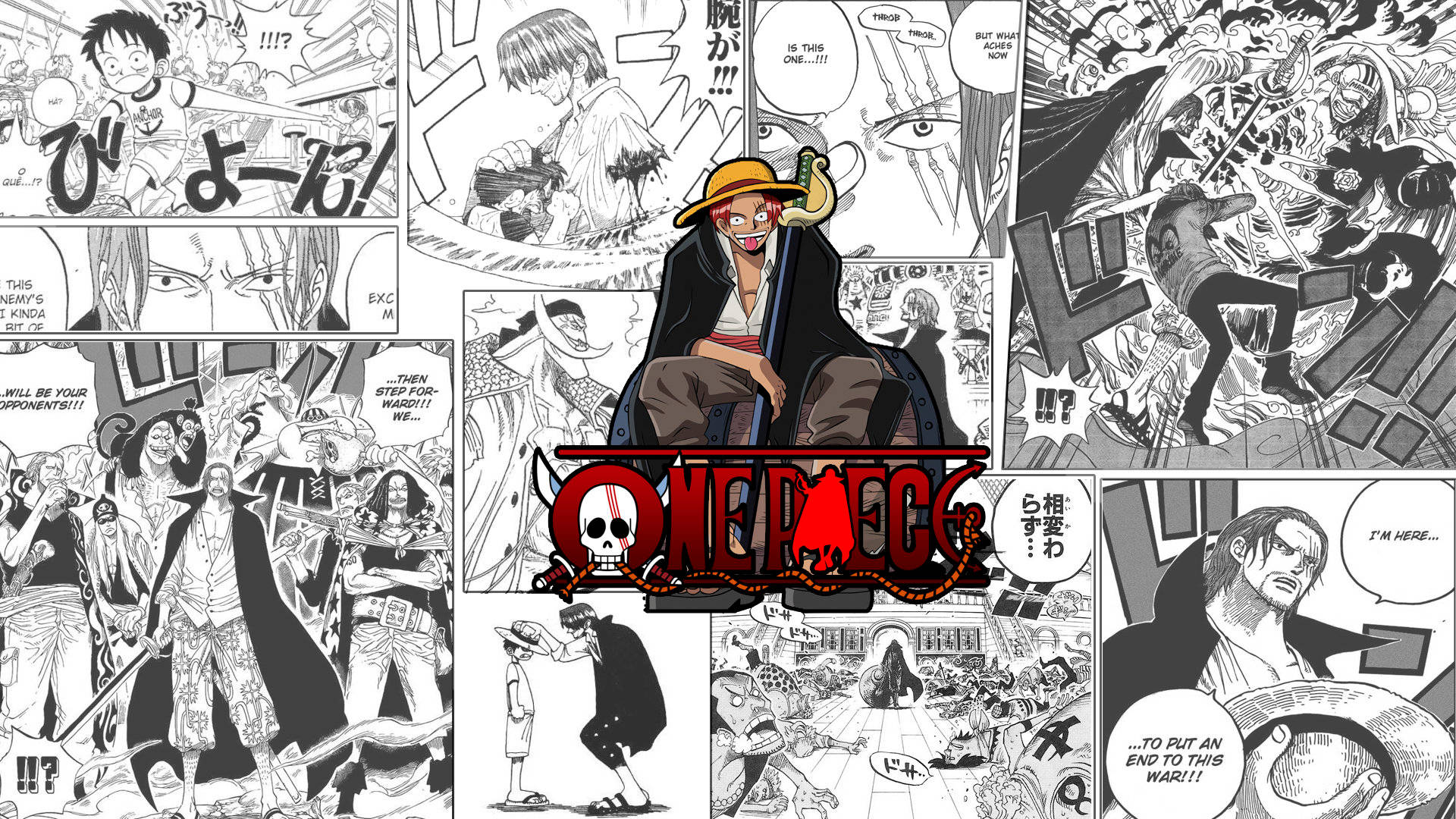 海賊王 4K 桌布 壁紙 — One Piece 黑白漫畫面板的動態拼貼，具有激烈的動作場景和標誌性角色。