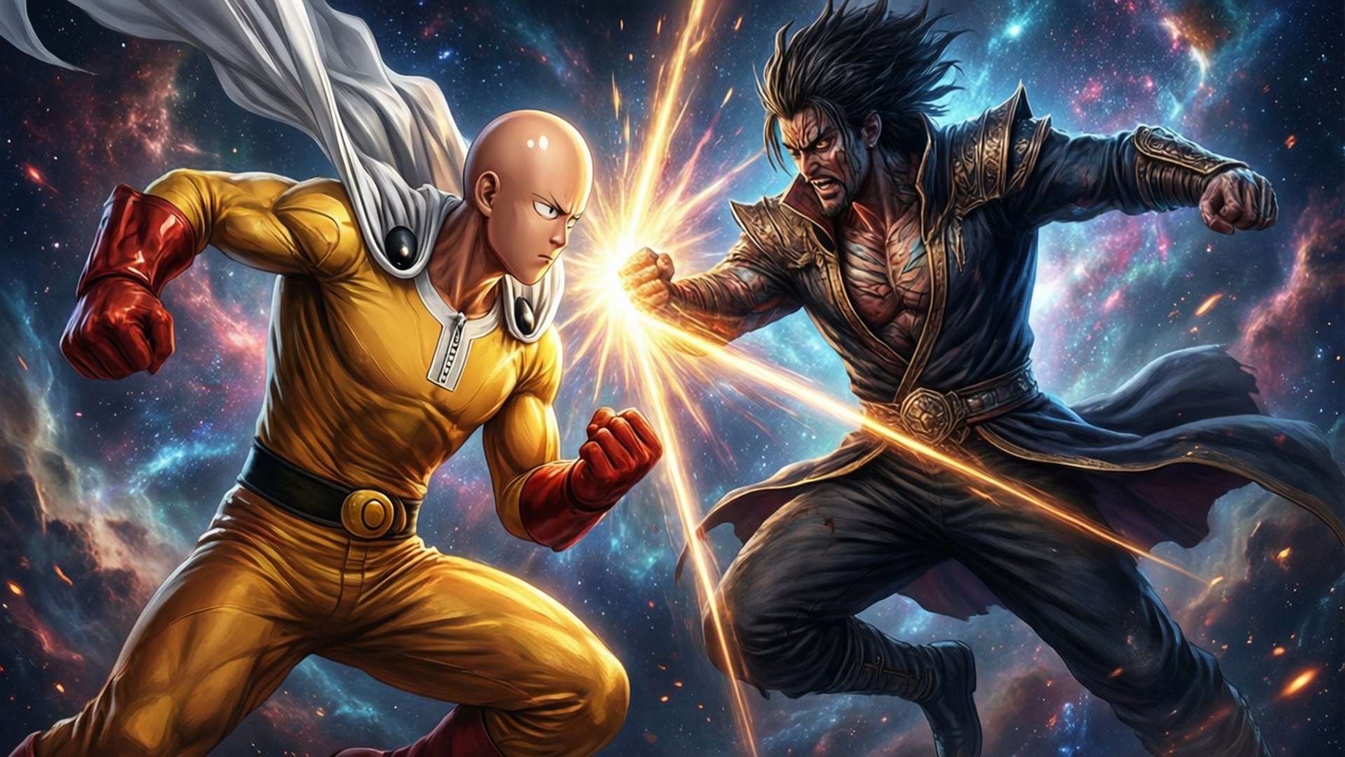 Clash with Boros 壁紙 — One Punch Man 與 Genos 在一個宇宙競技場中碰撞，身後有發光的能量光束和旋轉的星雲。