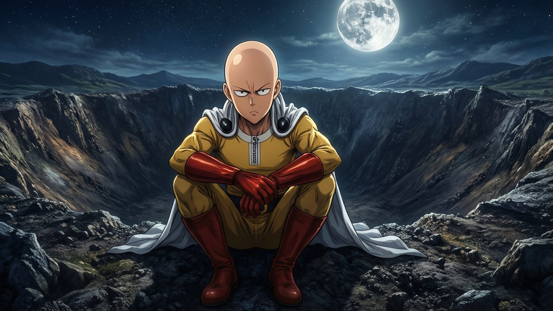 Bored Hero in Moonlight 壁紙 — One Punch Man 獨自坐在岩石懸崖邊，滿月下俯瞰廣闊的山地火山口。