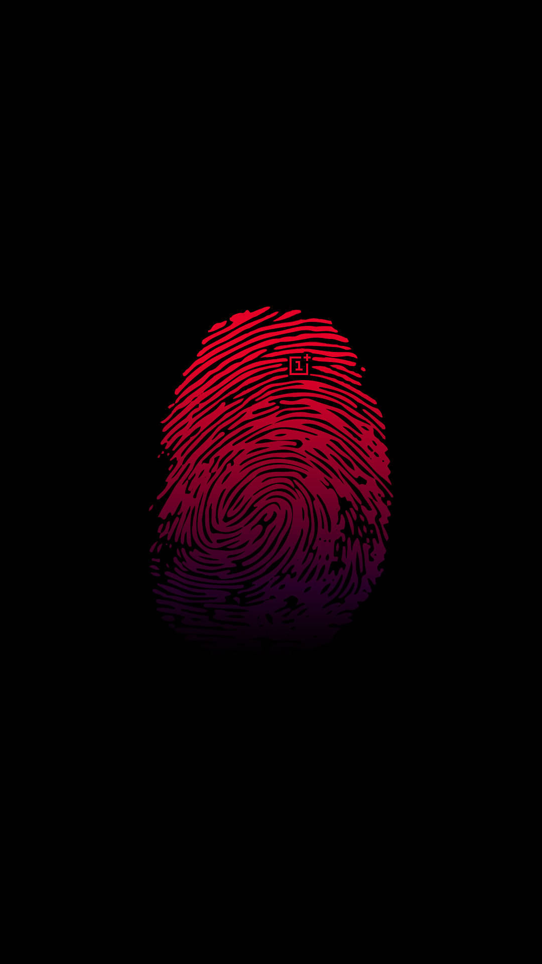 鮮豔 OnePlus 紅色指紋影像 壁紙 — 一個鮮豔的紅色和紫色指紋圖形，居中在黑色背景上，中心有一個小標誌。