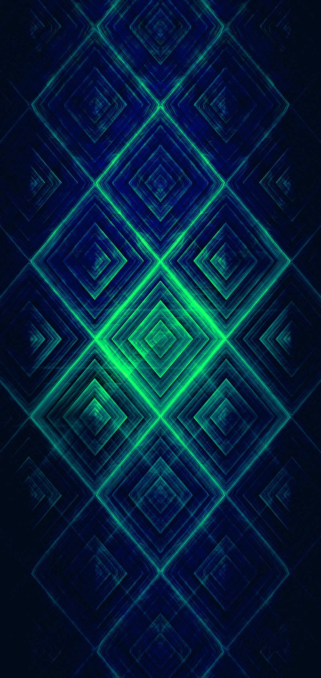 OnePlus 綠色菱形圖案 壁紙 — 充滿活力的綠色霓虹線條在深藍色數位背景上形成發光的鑽石圖案。