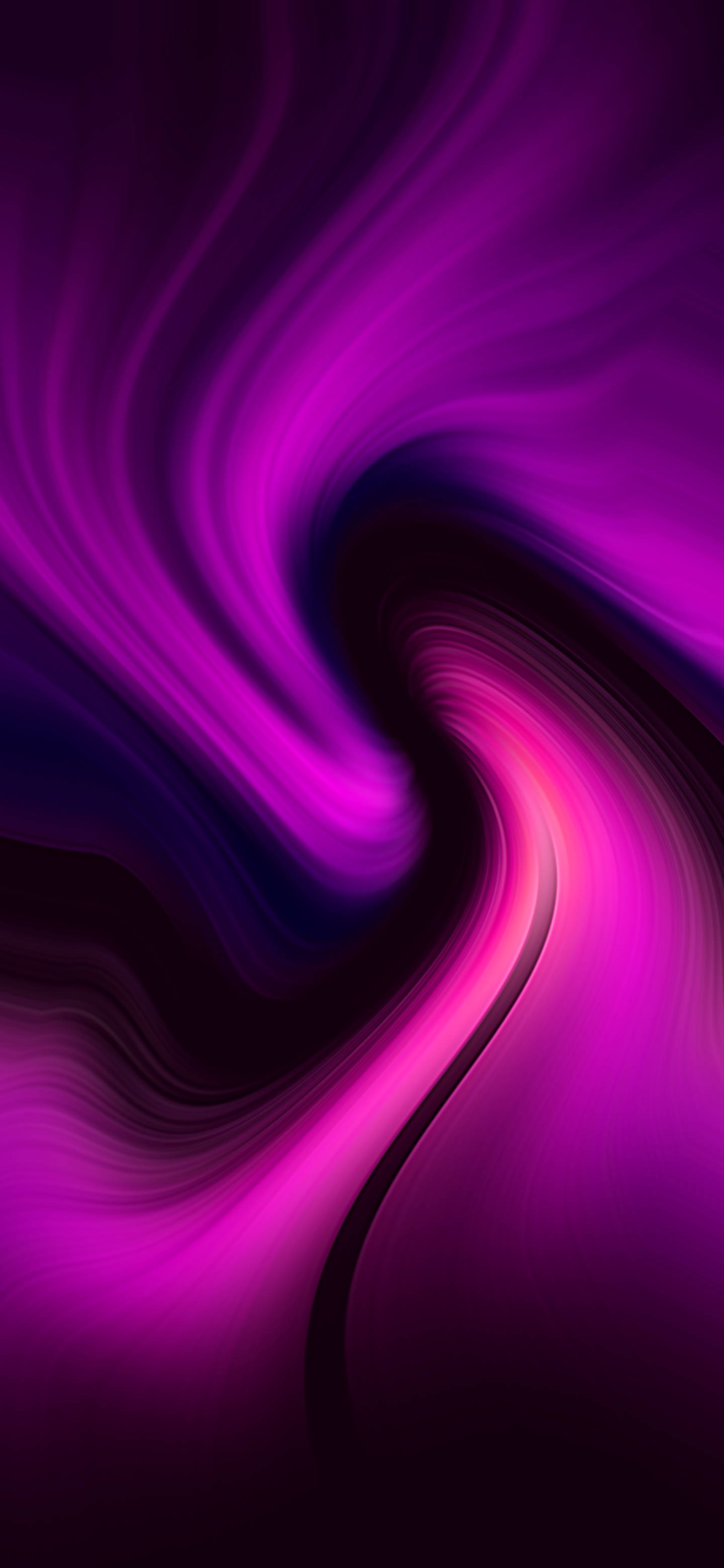 OnePlus 紫色漩渦 壁紙 — 充滿活力的紫色和粉紅色抽象波浪在深色背景上動態流動。