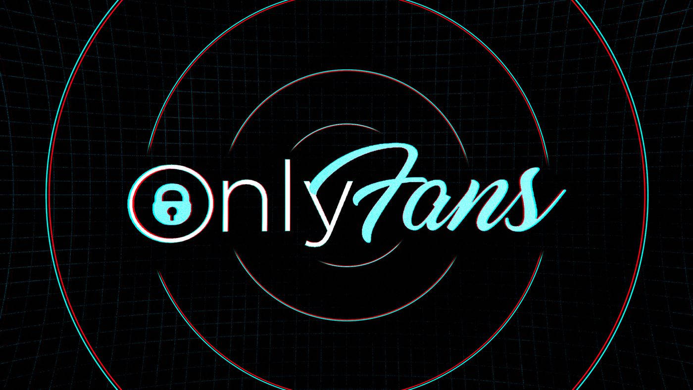 品牌 桌布 壁紙 — OnlyFans 標誌在帶有同心圓和立體3D效果的黑色網格上發出青色和白色的光芒。