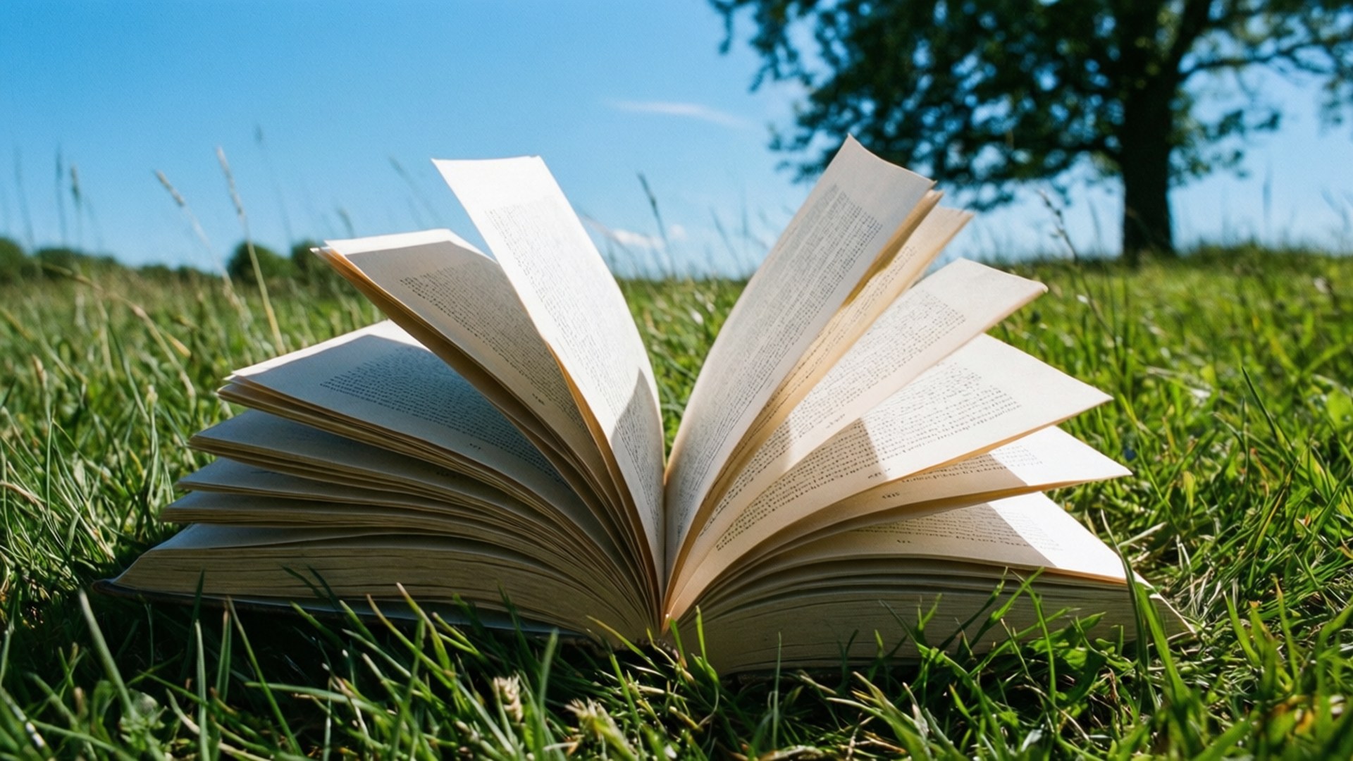 Book in the Meadow 壁紙 — 一本打開的書放在鮮綠色的草地上，背景有樹，天空清澈湛藍。