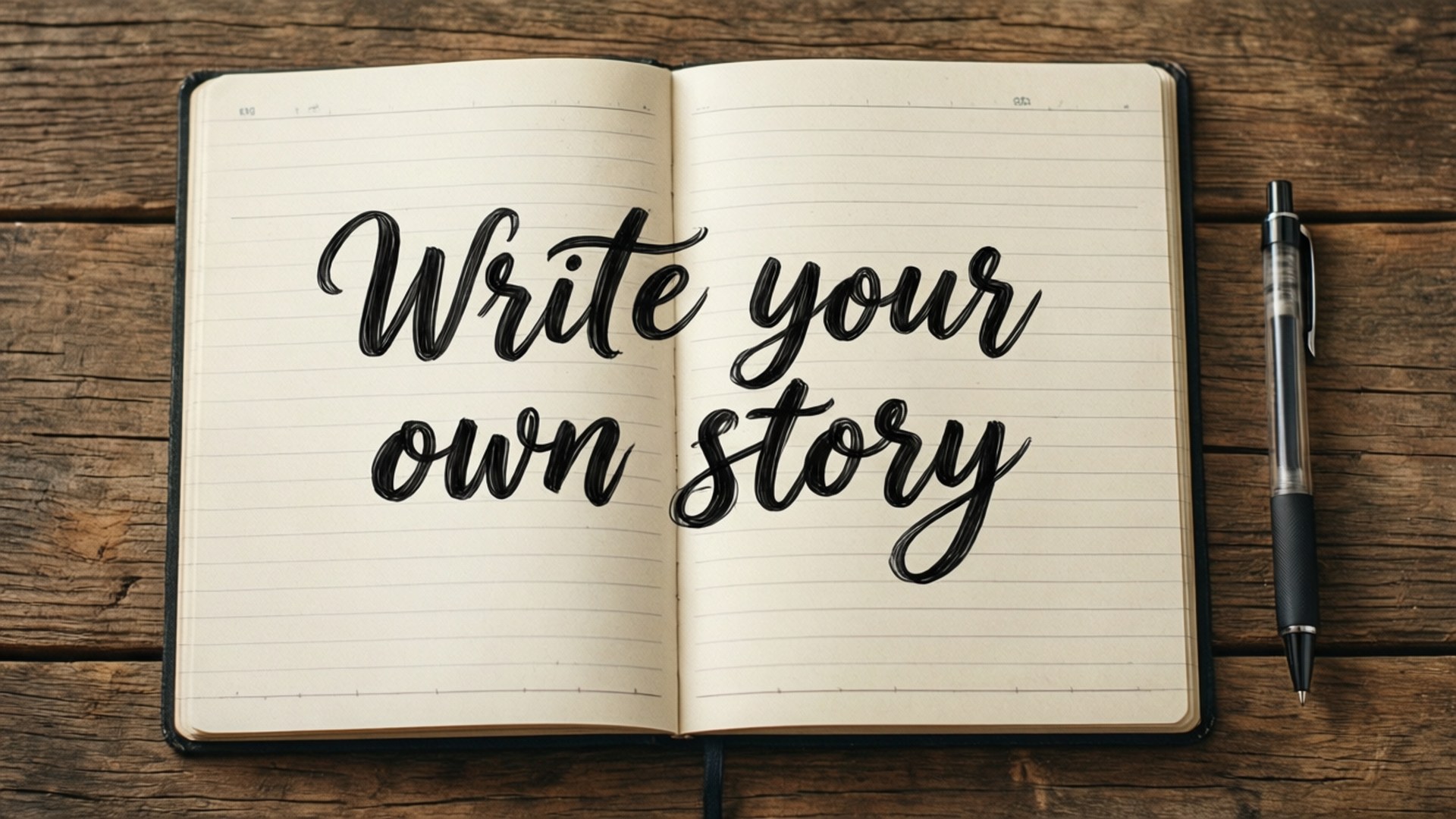 Notebook Story 壁紙 — 一本打開的橫線筆記本放在木質表面上，顯示以粗體黑色刷字體寫成的「Write your own story」字句，旁邊放著一支筆。
