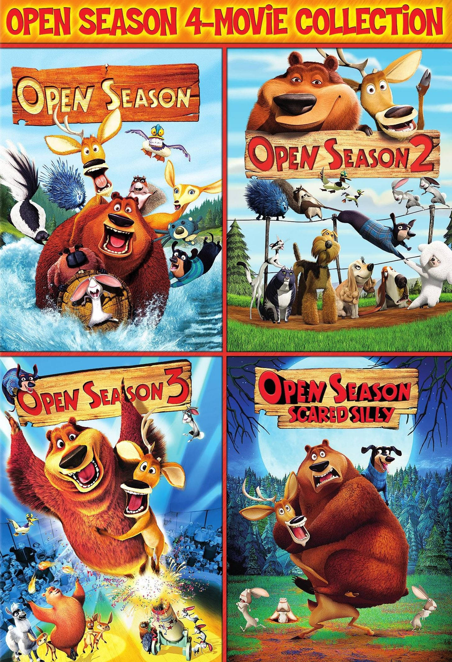 3D 桌布 壁紙 — 《Open Season》系列的四張動畫電影海報，以森林為背景，卡通動物色彩鮮豔、表情搞笑。
