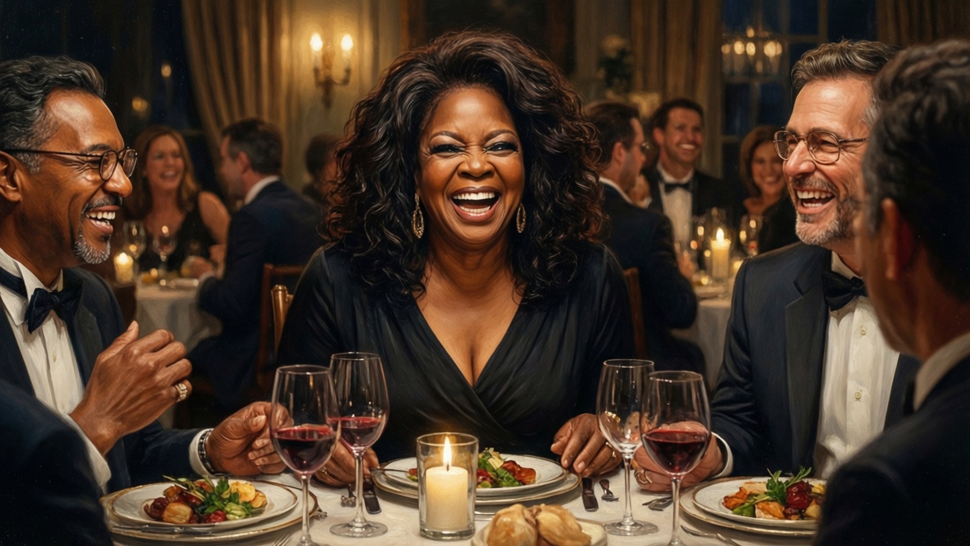 Oprah Dinner Party 壁紙 — 歐普拉·溫芙蕾在燭光下與身穿燕尾服的賓客圍著擺好餐具的餐桌，開懷大笑。