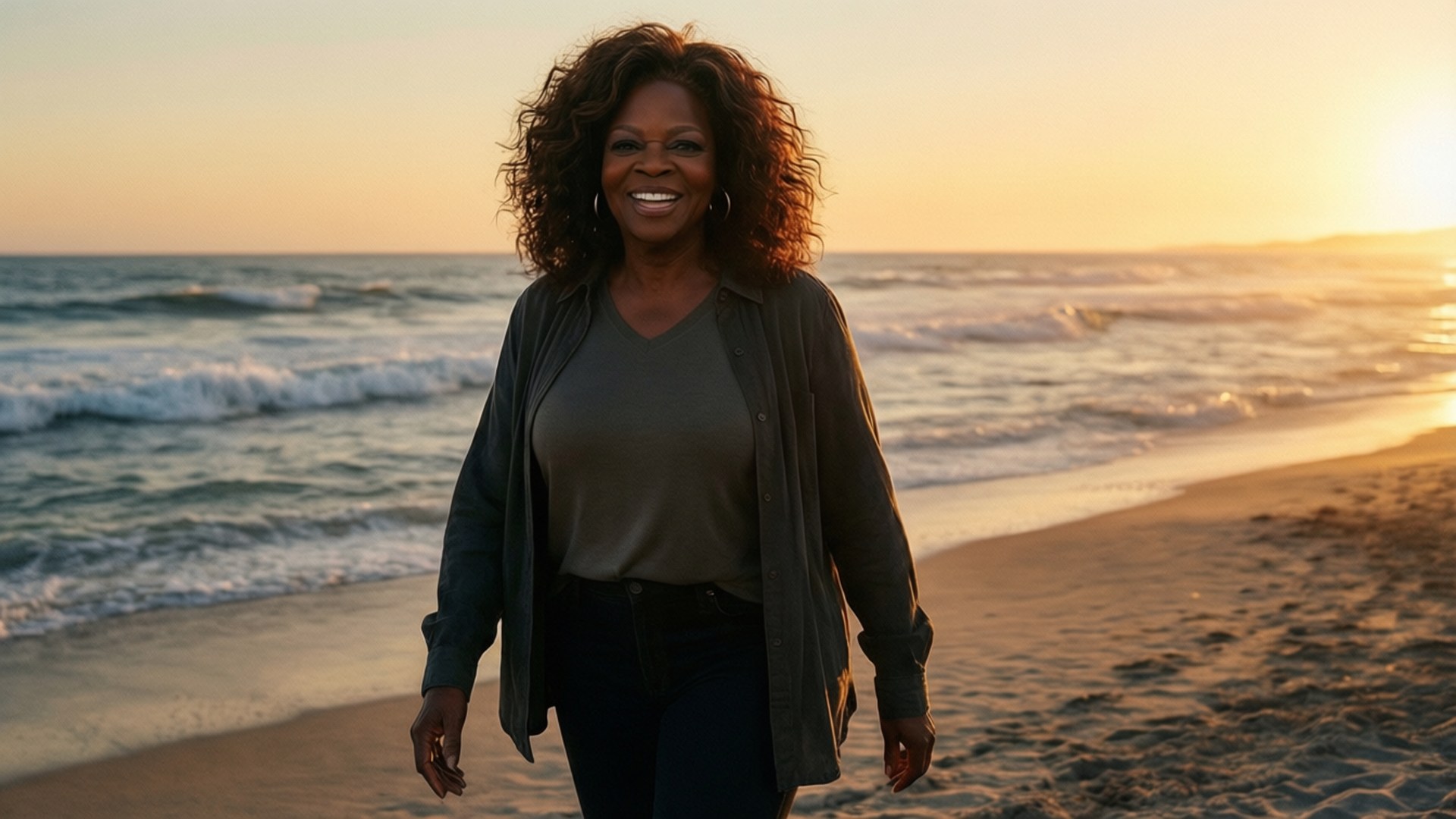 Oprah Winfrey 桌布 壁紙 — 歐普拉·溫芙蕾在日落時分，金色海浪在她身後拍打，她沿著陽光明媚的海灘愉快地散步。