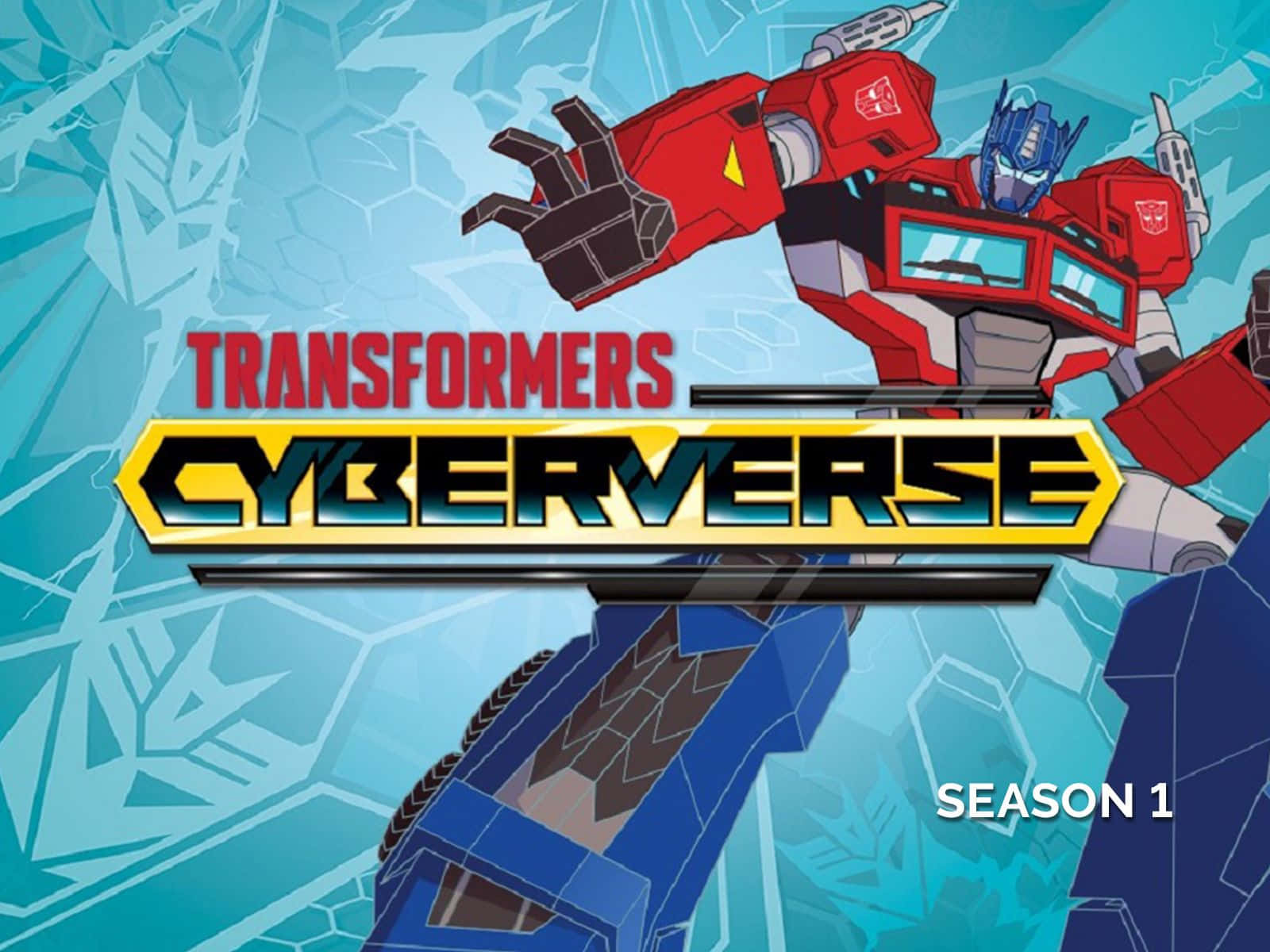 Animated 桌布 壁紙 — Optimus Prime 和一個藍色變形金剛英雄式地站在裂開的藍色背景前，帶有 Transformers Cyberverse 第1季標題。