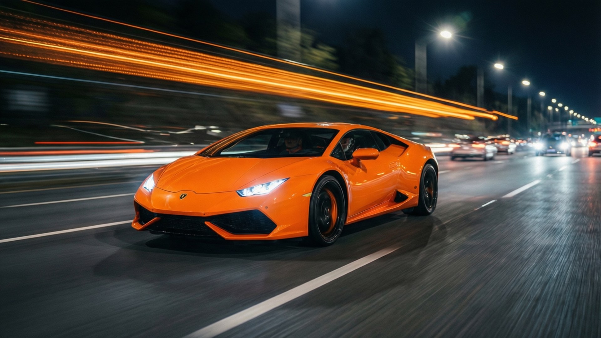 Neon Orange Lamborghini Speed 壁紙 — 一輛鮮橙色藍寶堅尼Huracan在模糊的夜景中疾馳，街燈形成流線。