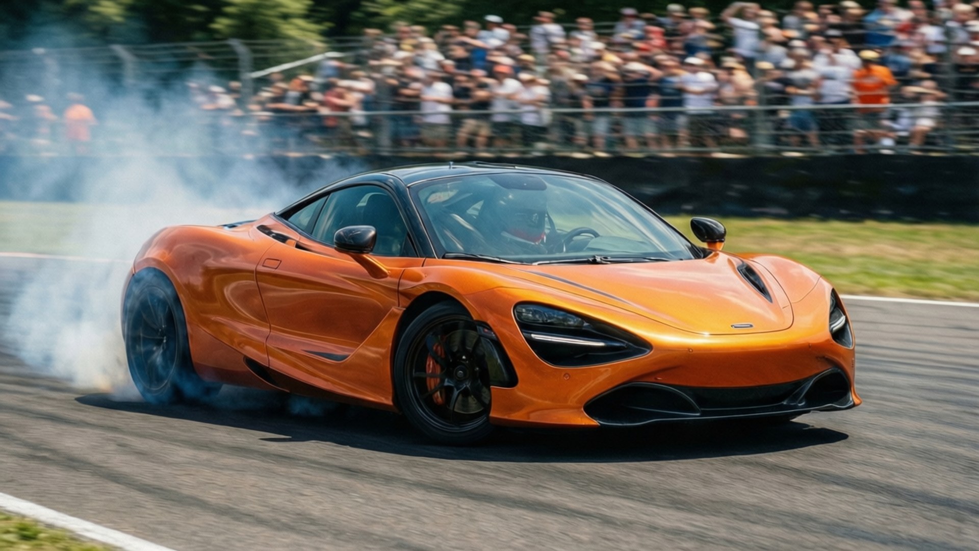 橙色McLaren 720S在賽道上甩尾，伴隨煙霧和人群 — 好看汽車 壁紙