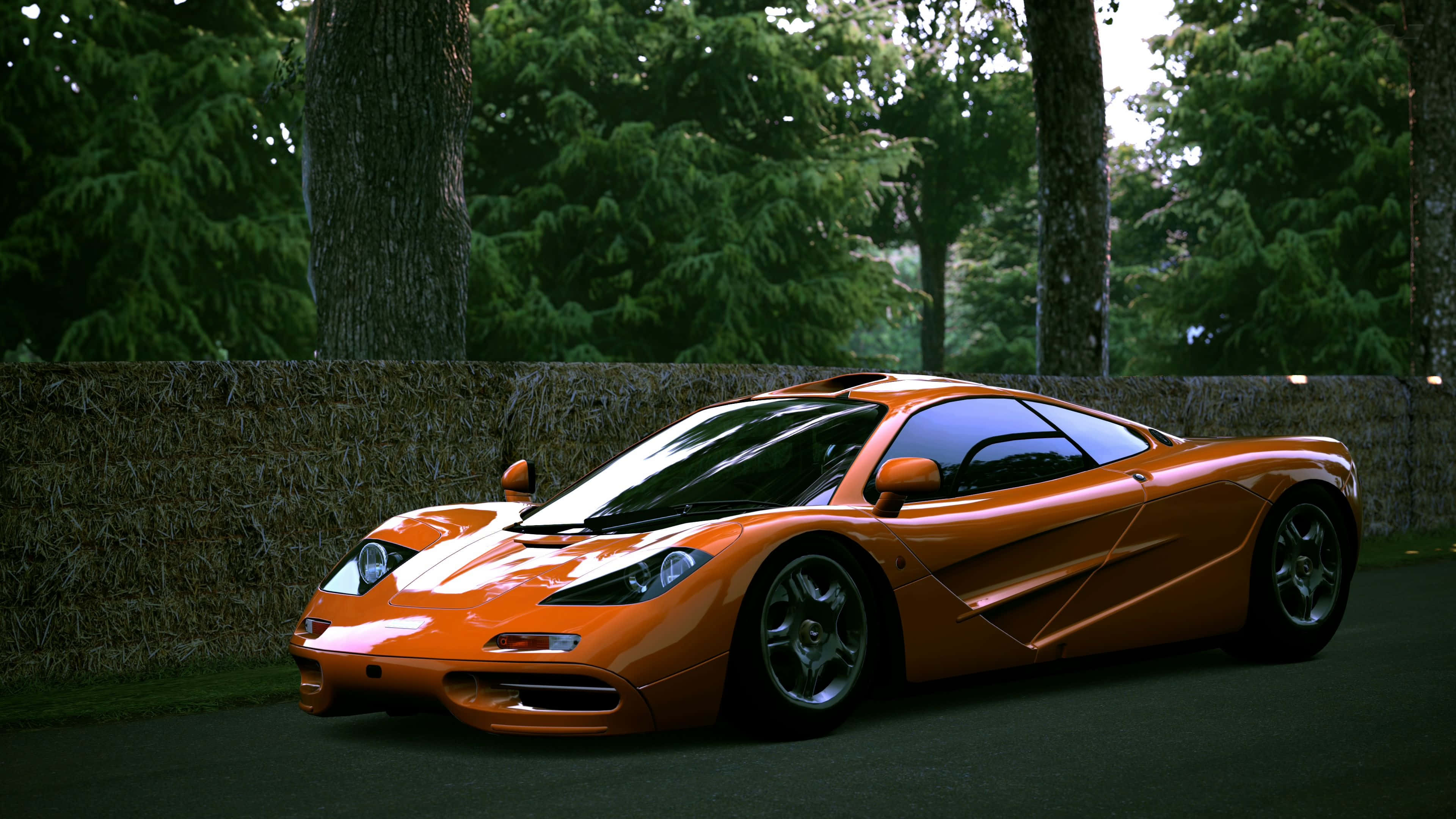 Mclaren F1 桌布 壁紙 — 一輛充滿活力的橙色McLaren F1超級跑車在柔和光線下閃閃發光，停放在乾草捆旁邊，背景是高聳的常綠樹木。