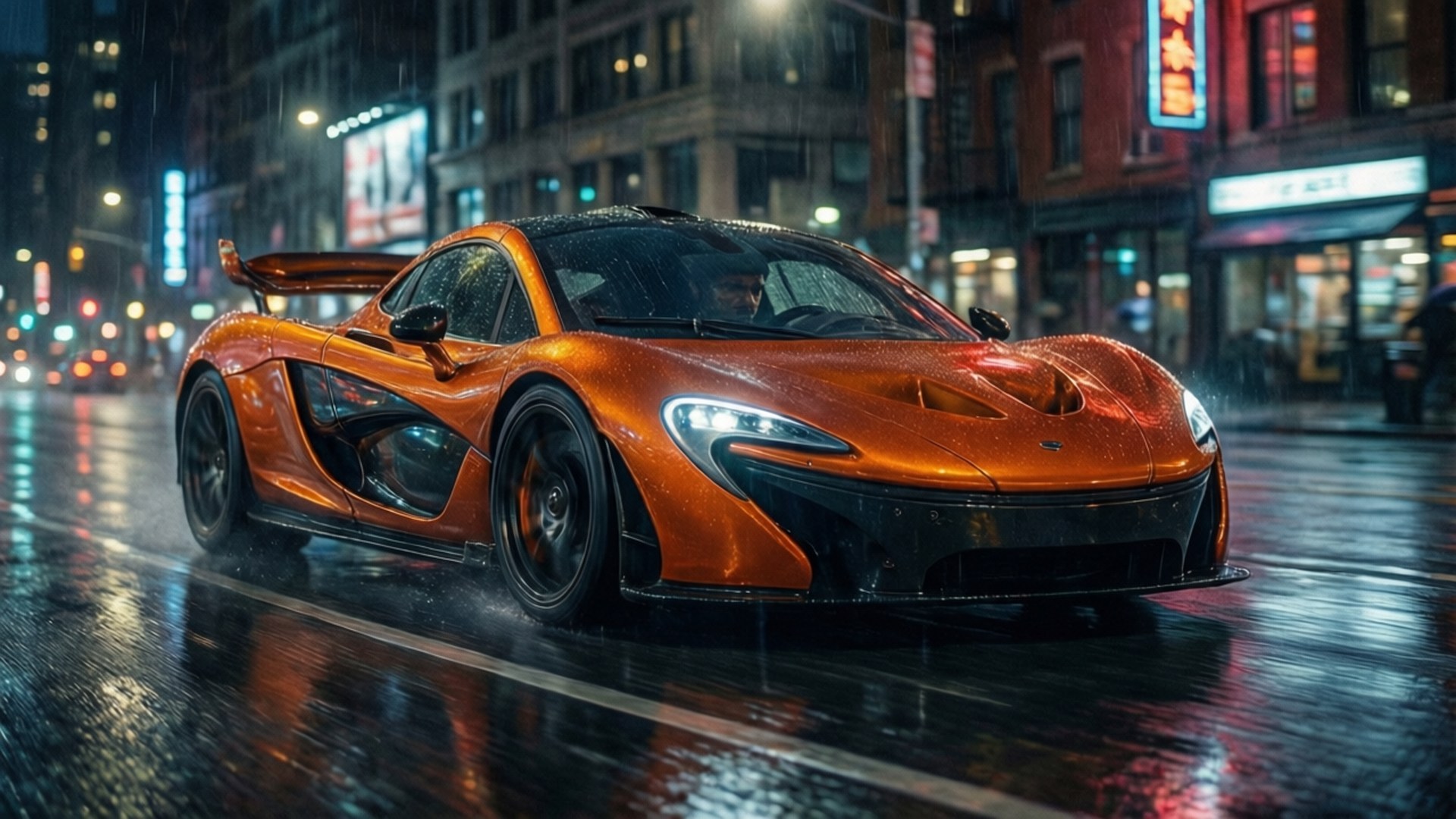 Neon Nights McLaren P1 壁紙 — 一輛充滿活力的橙色McLaren P1跑車在夜間滑過被雨水浸濕的城市街道，霓虹燈光在濕漉漉的路面上反射。