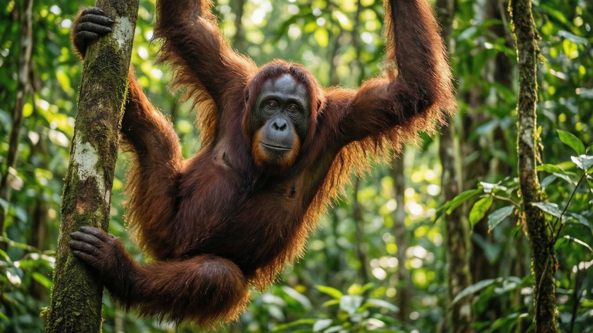 Borneo Orangutan Portrait 壁紙 — 一隻紅褐色毛髮的猩猩抓住陽光普照的熱帶雨林中長滿苔蘚的樹幹。