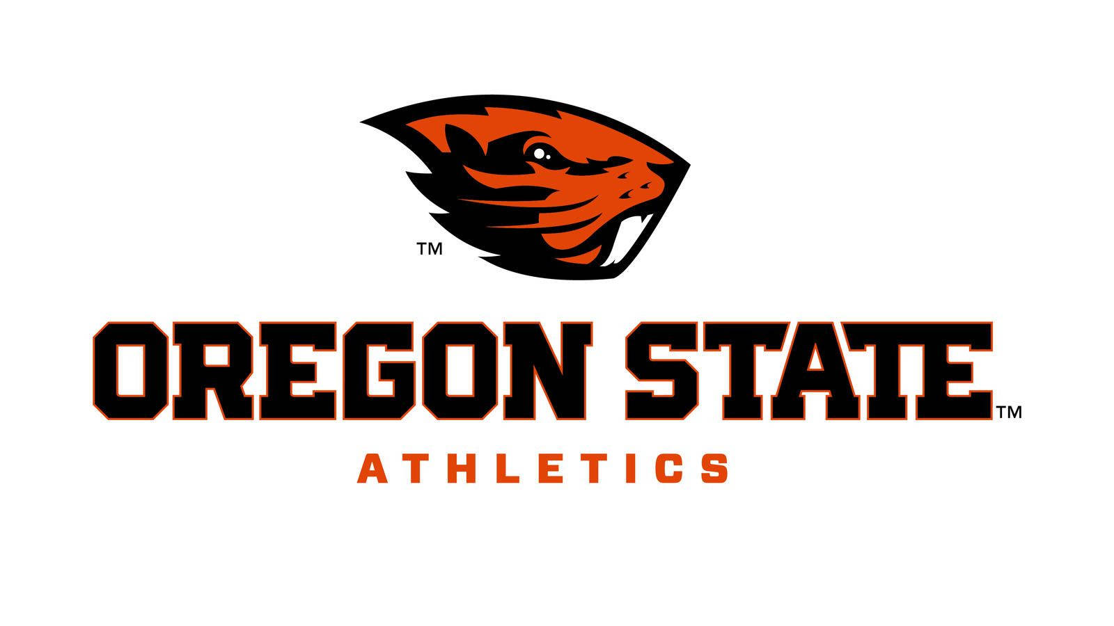 Oregon 桌布 壁紙 — Oregon State Athletics 標誌，在白色背景上，粗體文字上方有一個兇猛的橙色和黑色海狸頭。
