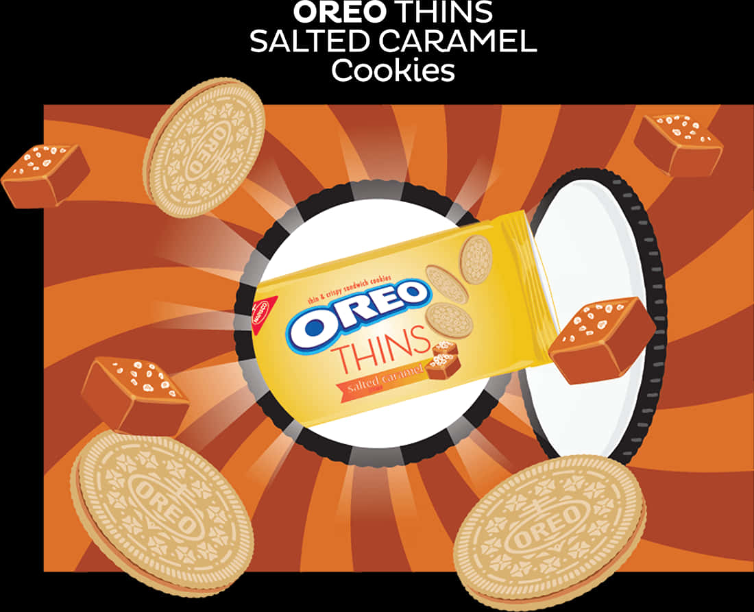 Biscuit 桌布 壁紙 — Oreo Thins 鹹焦糖餅乾的鮮豔廣告，金色餅乾和焦糖碎片漂浮在黃色包裝周圍，背景為橙色放射狀。