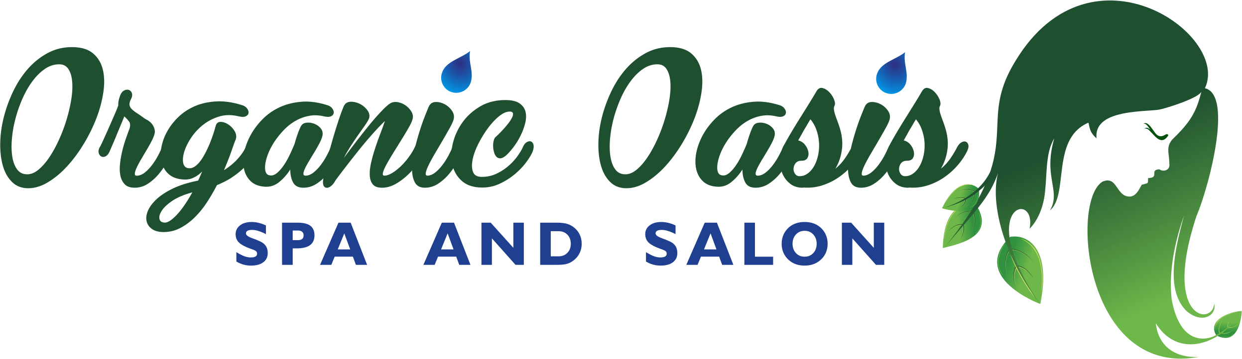 綠洲 桌布 壁紙 — Organic Oasis Spa and Salon 的標誌，包含綠色草書文字、藍色水滴和一個風格化的女性側面輪廓，頭髮上有葉子。