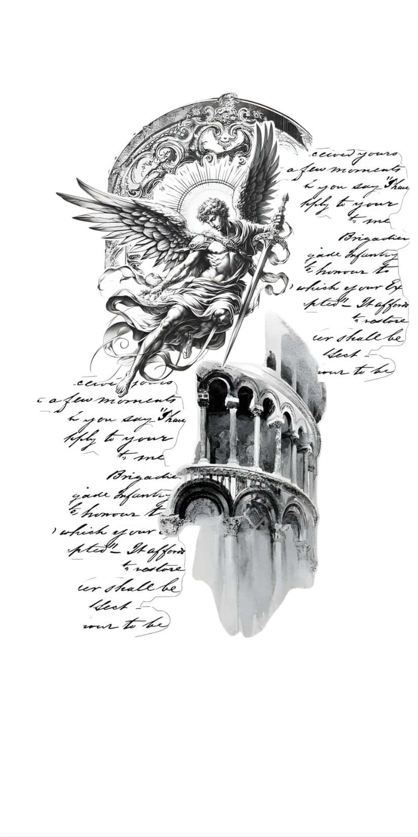  壁紙 — 一幅華麗的黑白插圖，描繪一位帶翼天使在哥德式塔樓上方持劍，周圍環繞著手寫文字。
