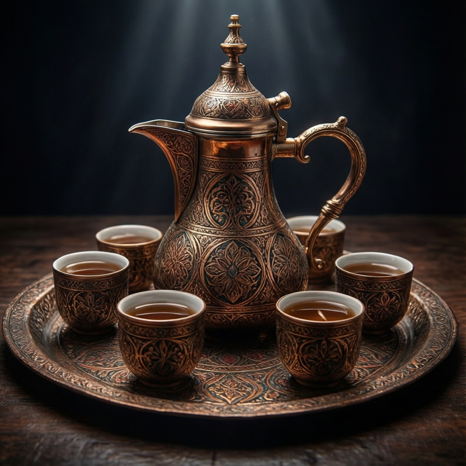Syrian Coffee Ritual 壁紙 — 一個華麗的黃銅茶具，帶有精緻的花卉雕刻，放在配套的托盤上，裝滿深色茶，在黑暗背景下的戲劇性聚光燈下。