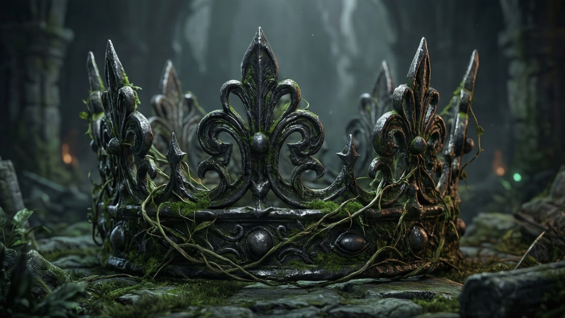 Ruined Iron Crown 壁紙 — 一個裝飾華麗的暗色王冠，覆蓋著苔蘚和藤蔓，安放在迷霧籠罩的古老廢墟中，背景有發光的餘燼。