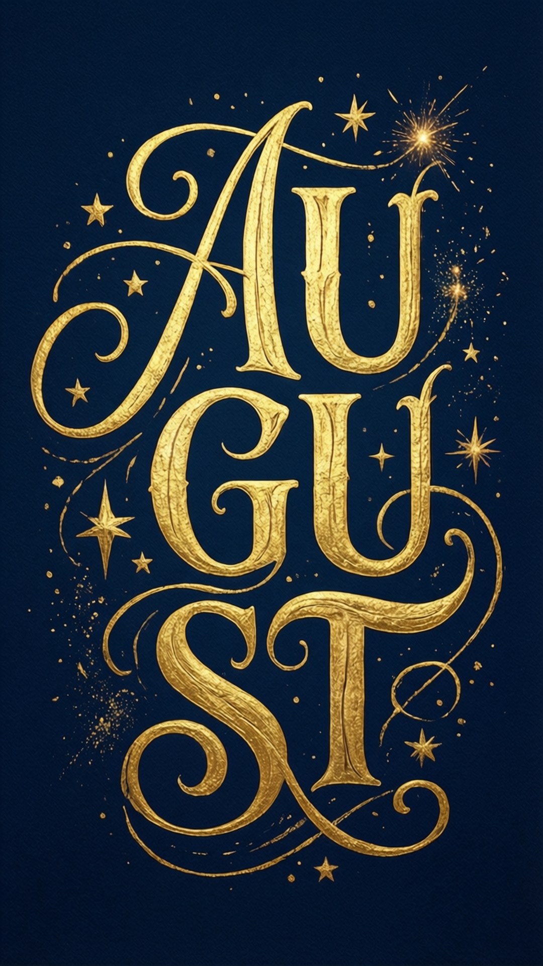 August 桌布 壁紙 — 「August」這個詞以華麗的金色字體在深藍色背景上閃爍，背景還有散落的星星。